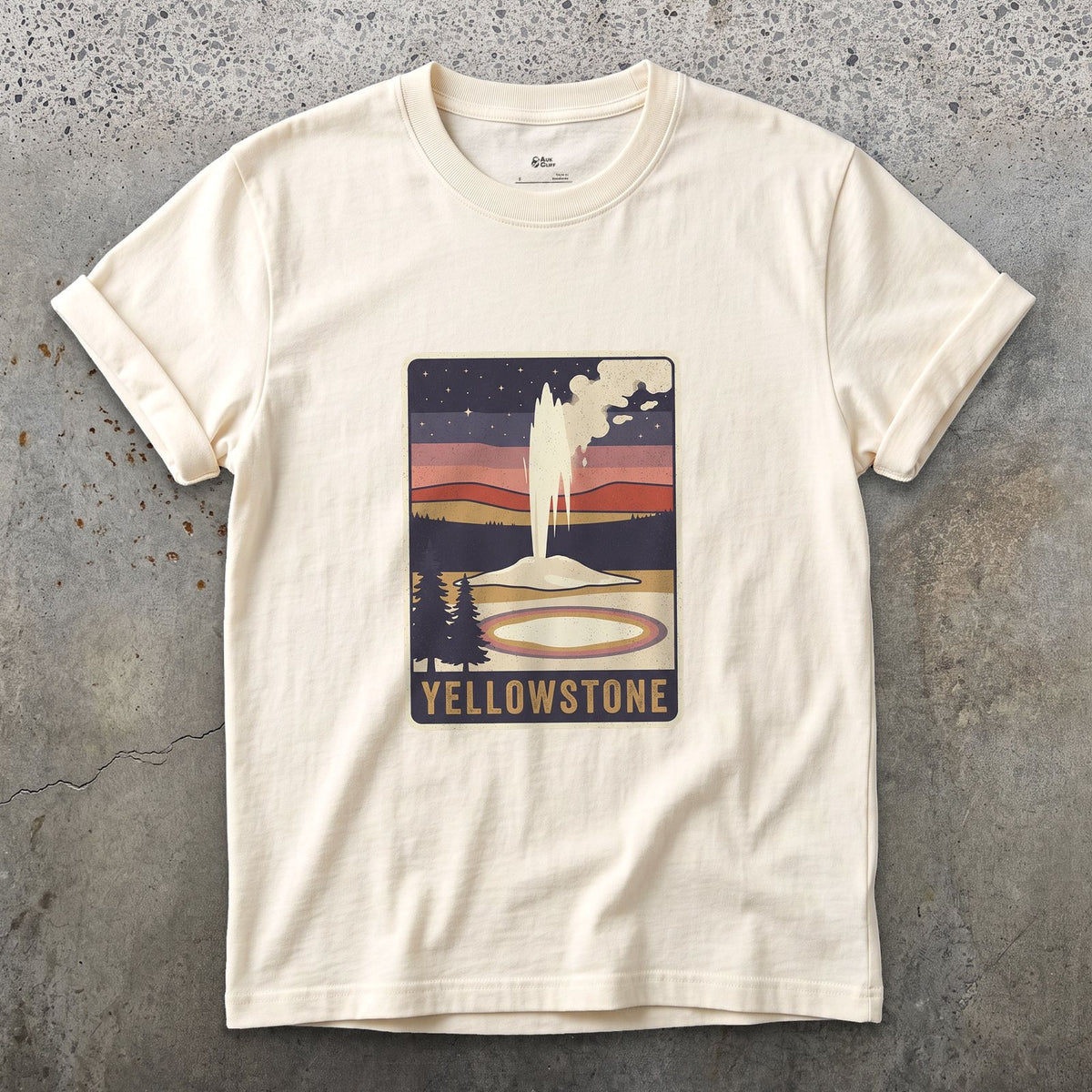 Yellowstone National Park Badge design on a Natural Gildan Softstyle t-shirt