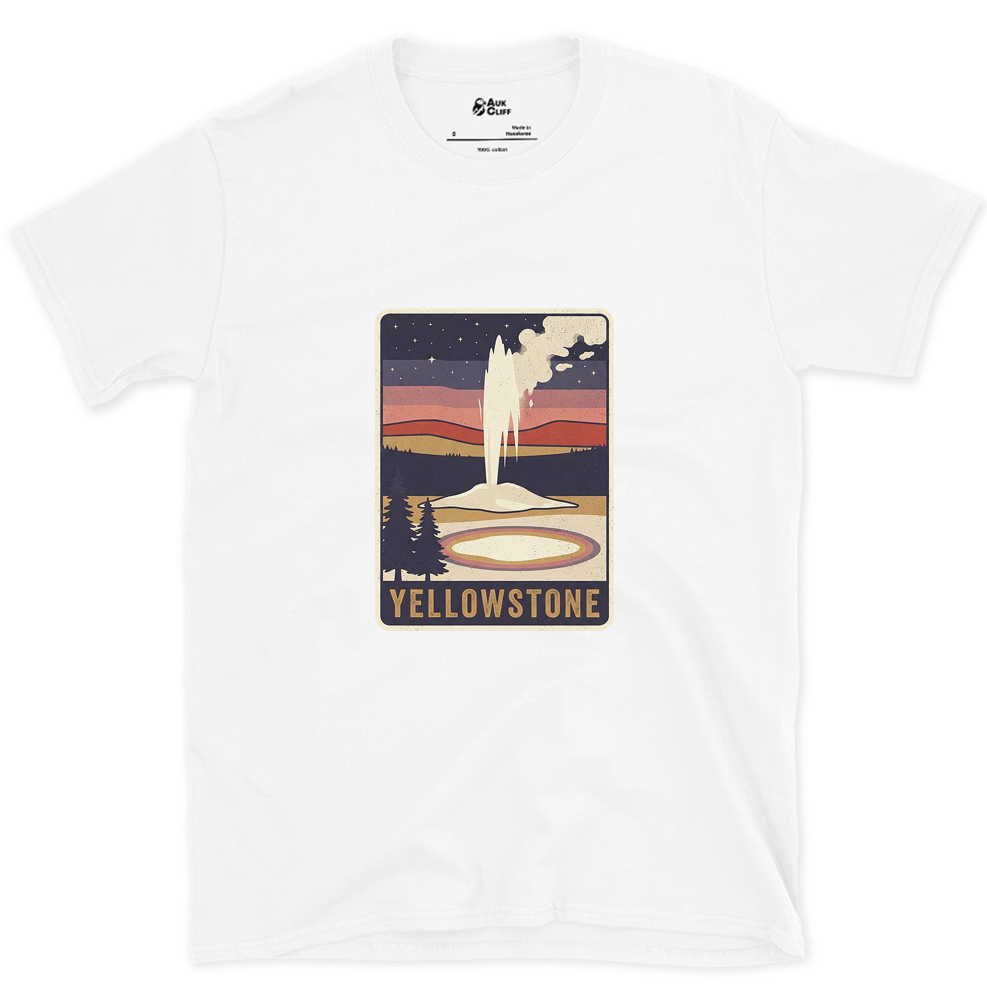 Yellowstone National Park Badge design on a White Gildan Softstyle t-shirt