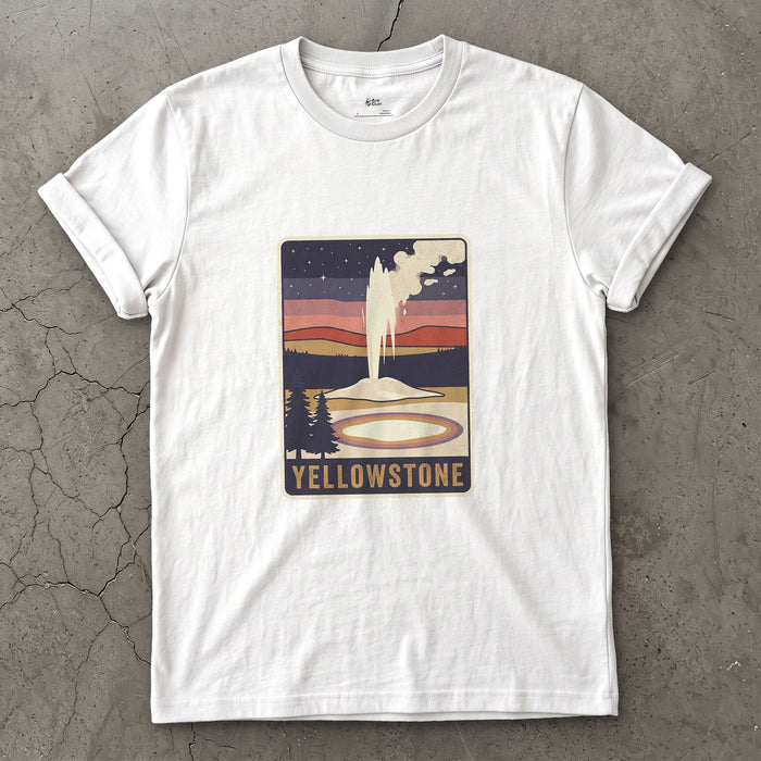 Yellowstone National Park Badge design on a White Gildan Softstyle t-shirt