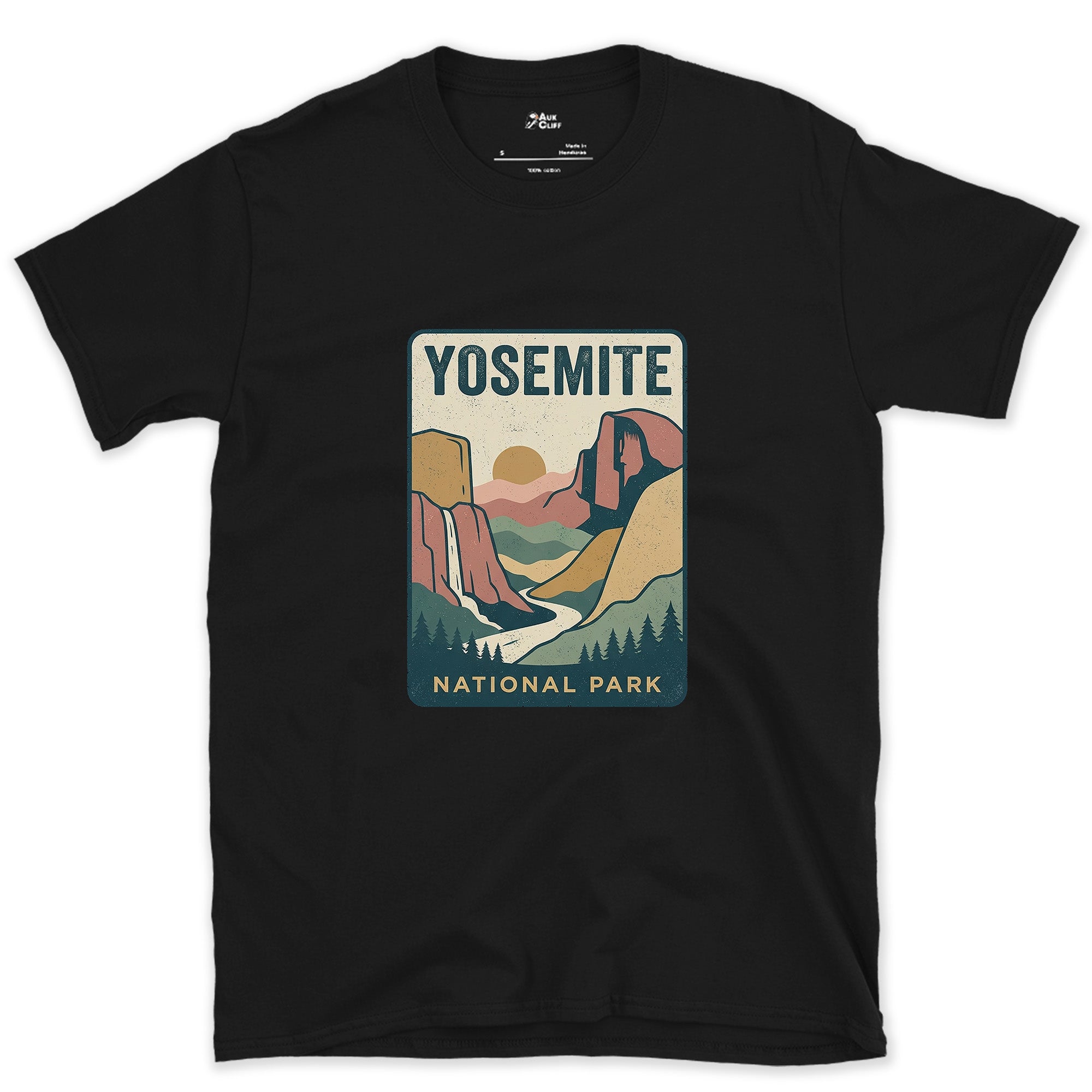 Yosemite Waterfall Past the Cliff design on a Black Gildan Softstyle t-shirt