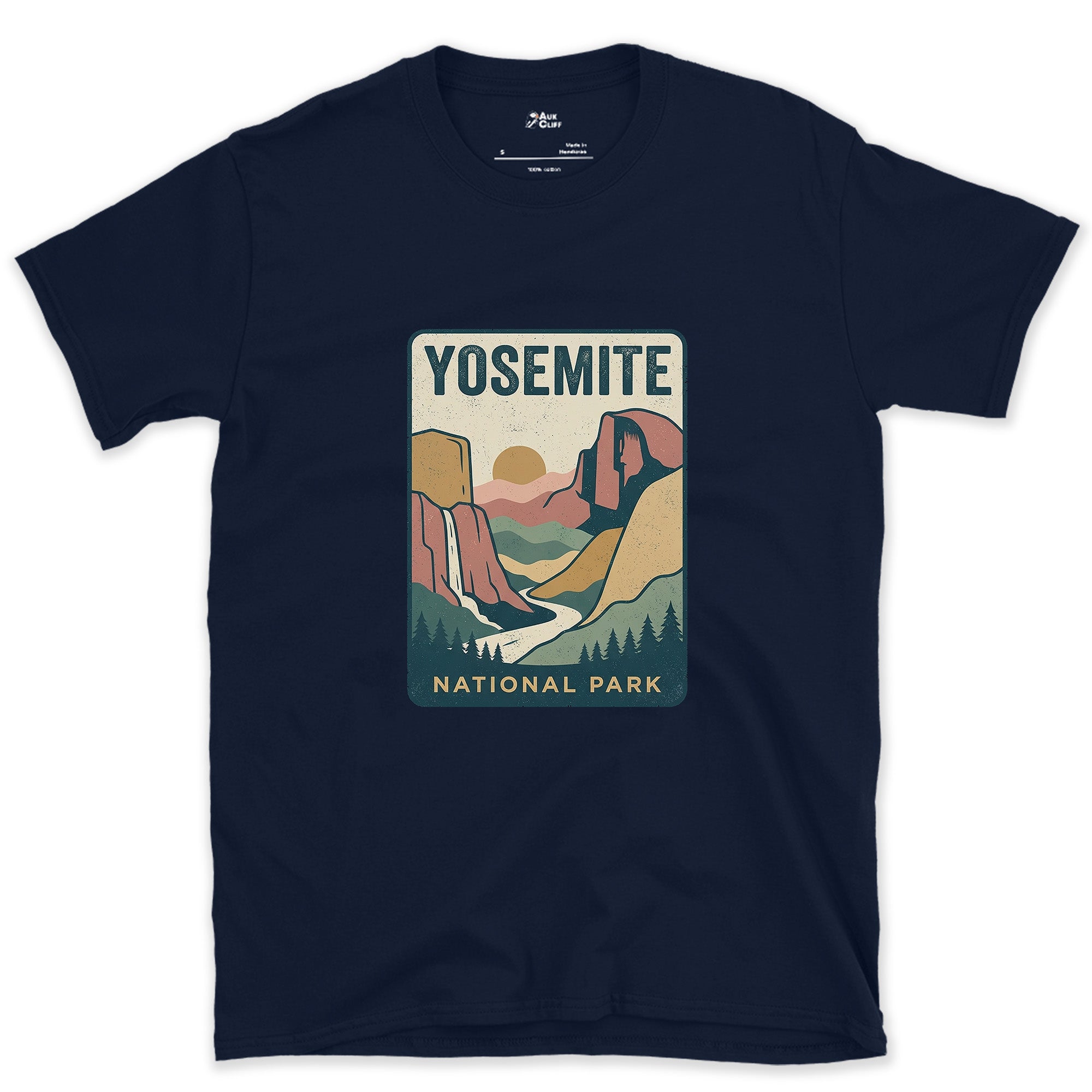 Yosemite Waterfall Past the Cliff design on a Navy Gildan Softstyle t-shirt