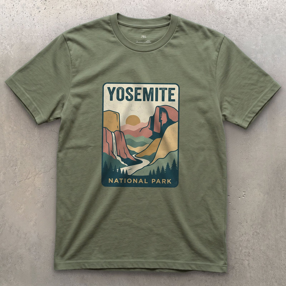 Yosemite Waterfall Past the Cliff design on a Military Green Gildan Softstyle t-shirt