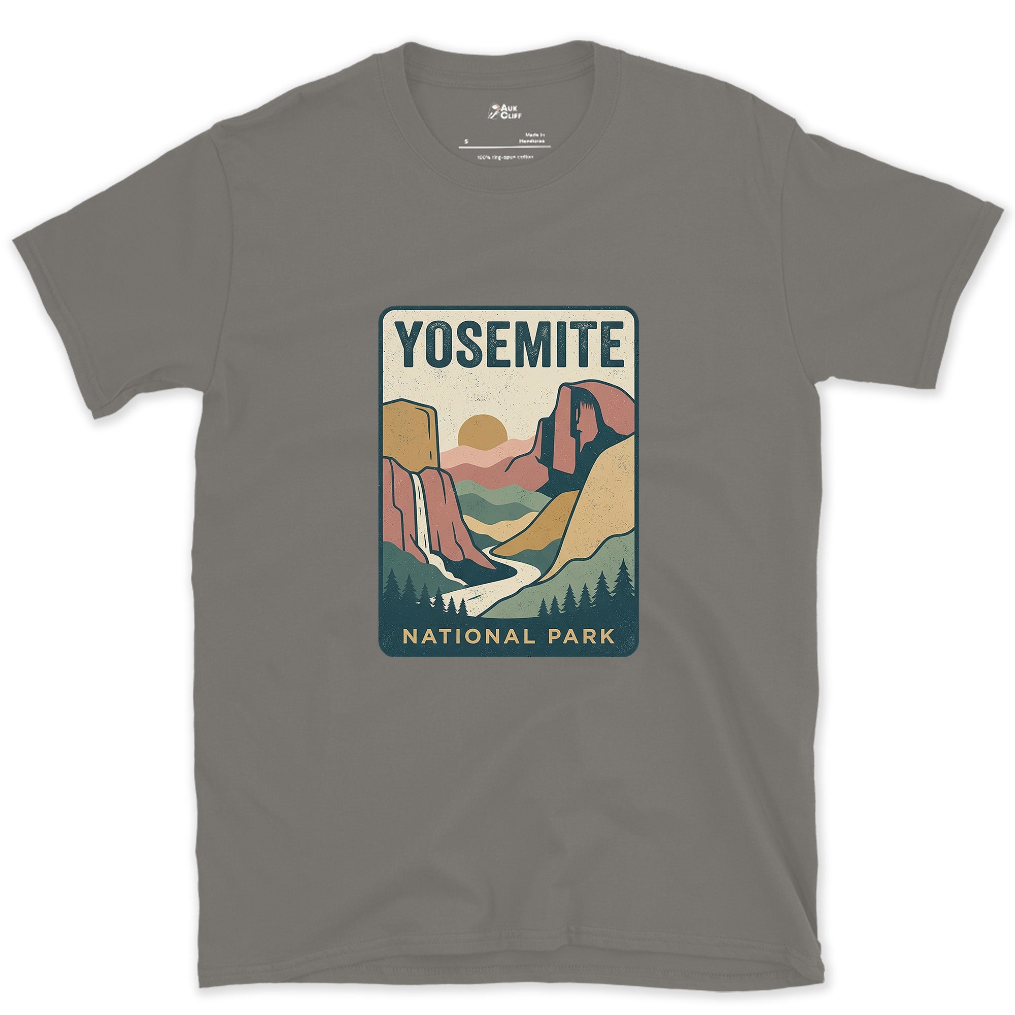 Yosemite Waterfall Past the Cliff design on a Charcoal Gildan Softstyle t-shirt