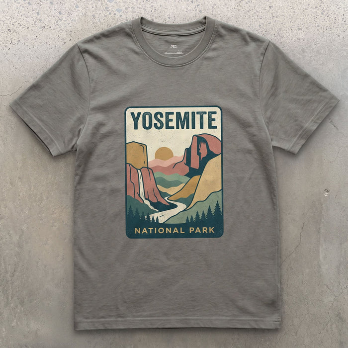 Yosemite Waterfall Past the Cliff design on a Charcoal Gildan Softstyle t-shirt
