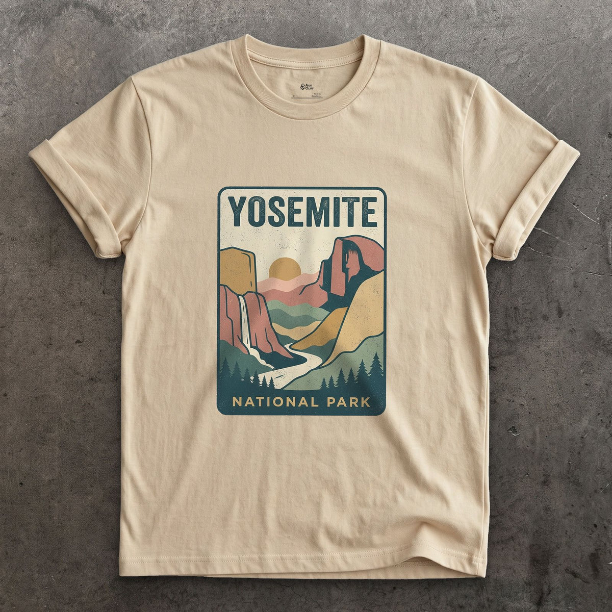 Yosemite Waterfall Past the Cliff design on a Sand Gildan Softstyle t-shirt