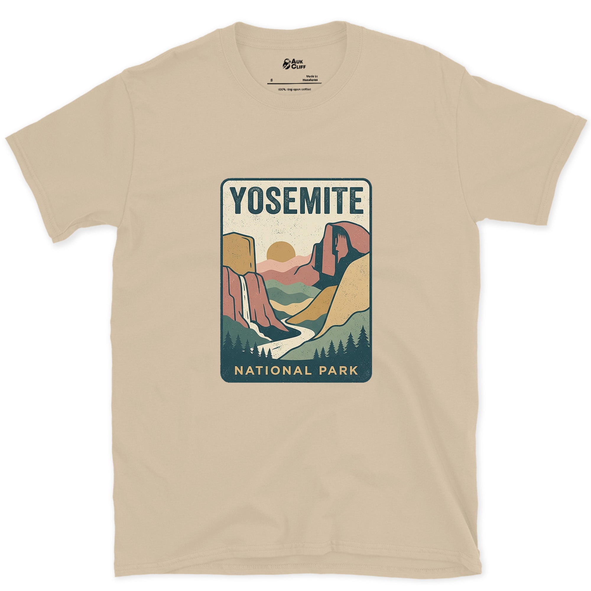 Yosemite Waterfall Past the Cliff design on a Sand Gildan Softstyle t-shirt