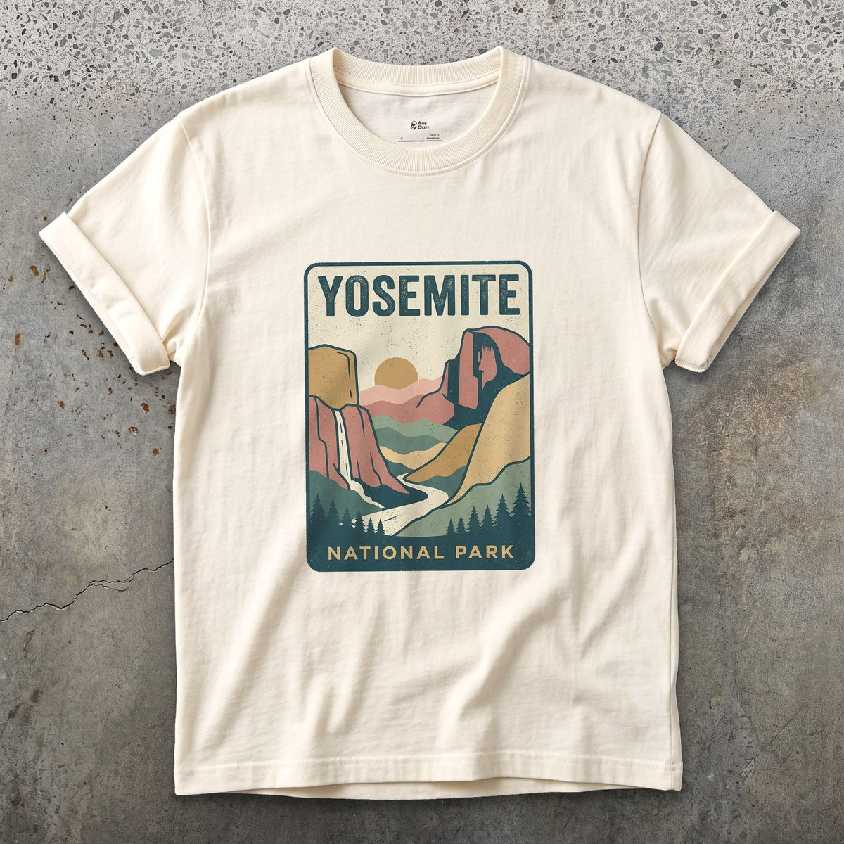 Yosemite Waterfall Past the Cliff design on a Natural Gildan Softstyle t-shirt
