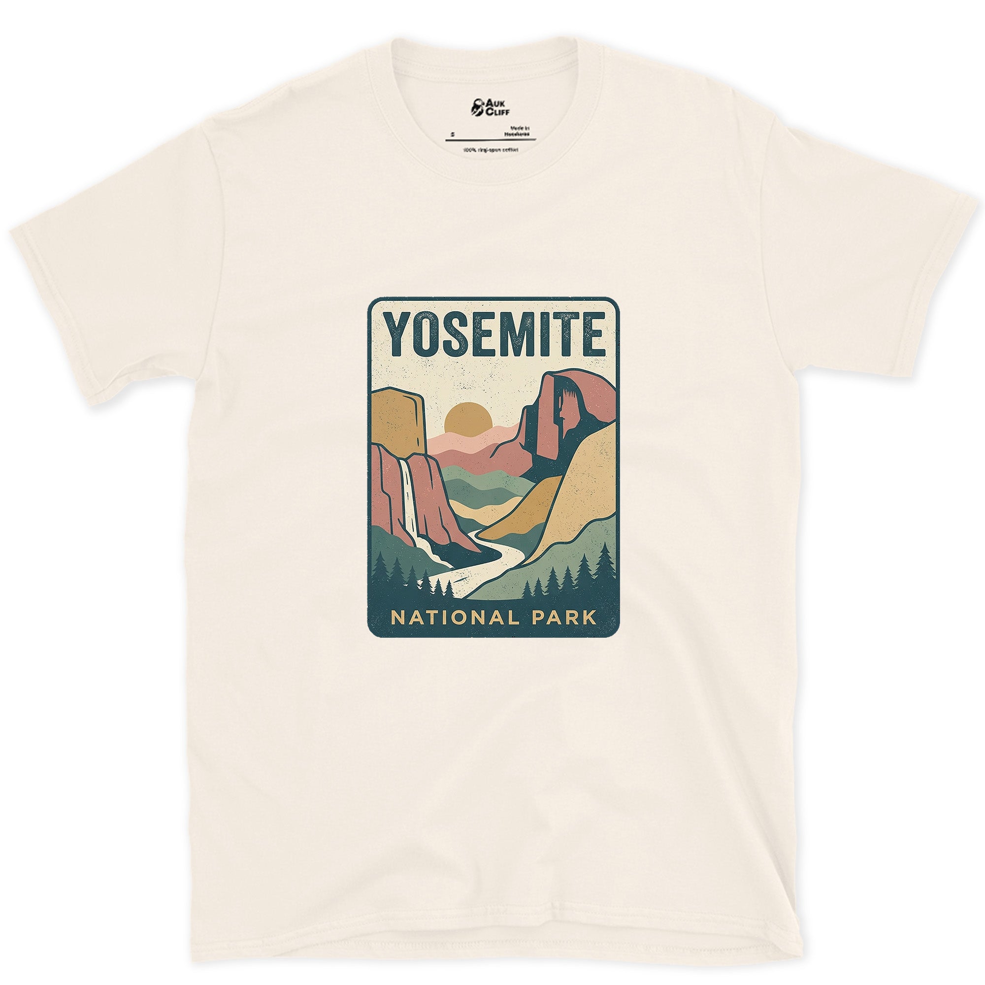 Yosemite Waterfall Past the Cliff design on a Natural Gildan Softstyle t-shirt