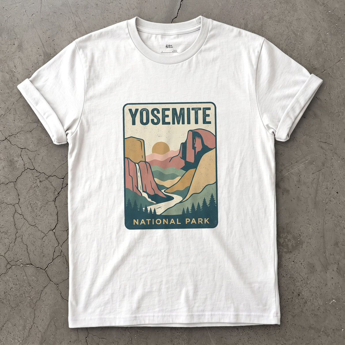 Yosemite Waterfall Past the Cliff design on a White Gildan Softstyle t-shirt
