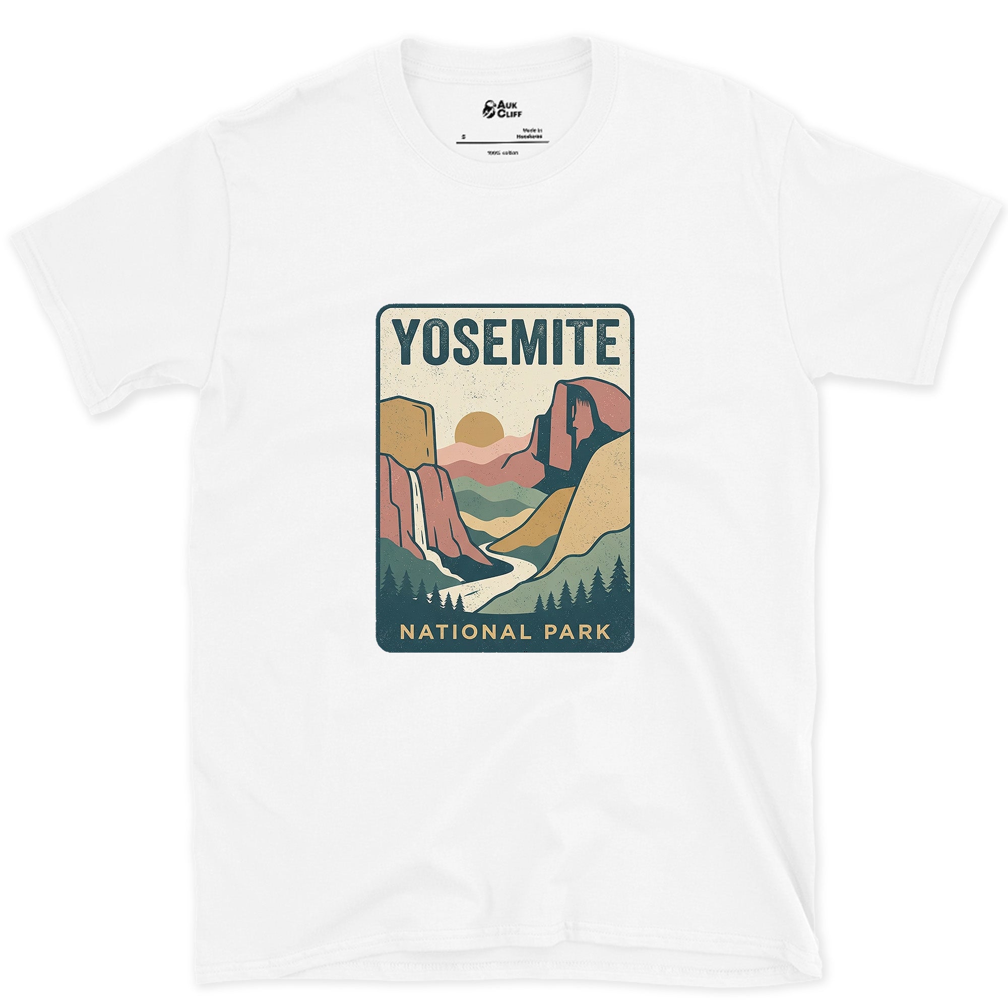 Yosemite Waterfall Past the Cliff design on a White Gildan Softstyle t-shirt