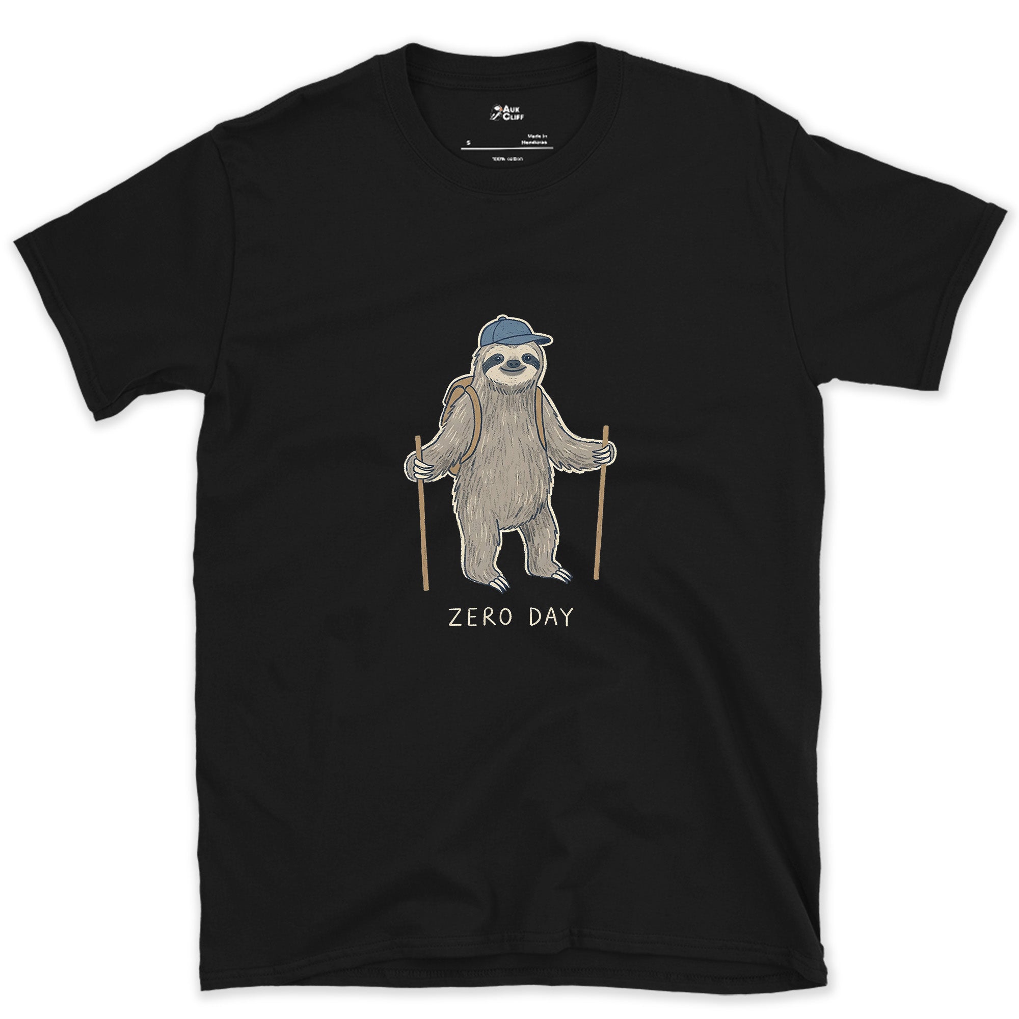 Zero Day, Sloth Hiker on the Trail design on a Black Gildan Softstyle t-shirt