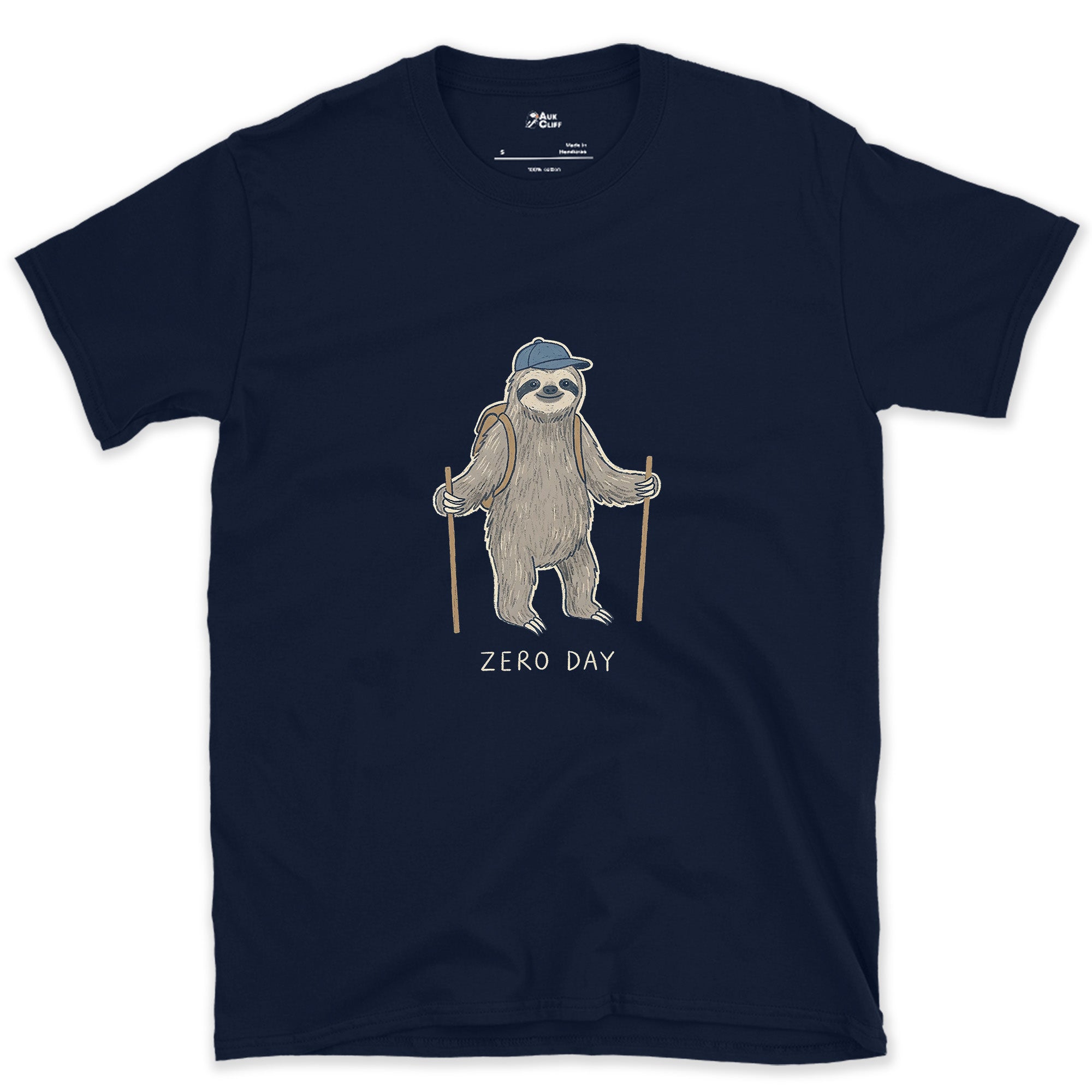 Zero Day, Sloth Hiker on the Trail design on a Navy Gildan Softstyle t-shirt