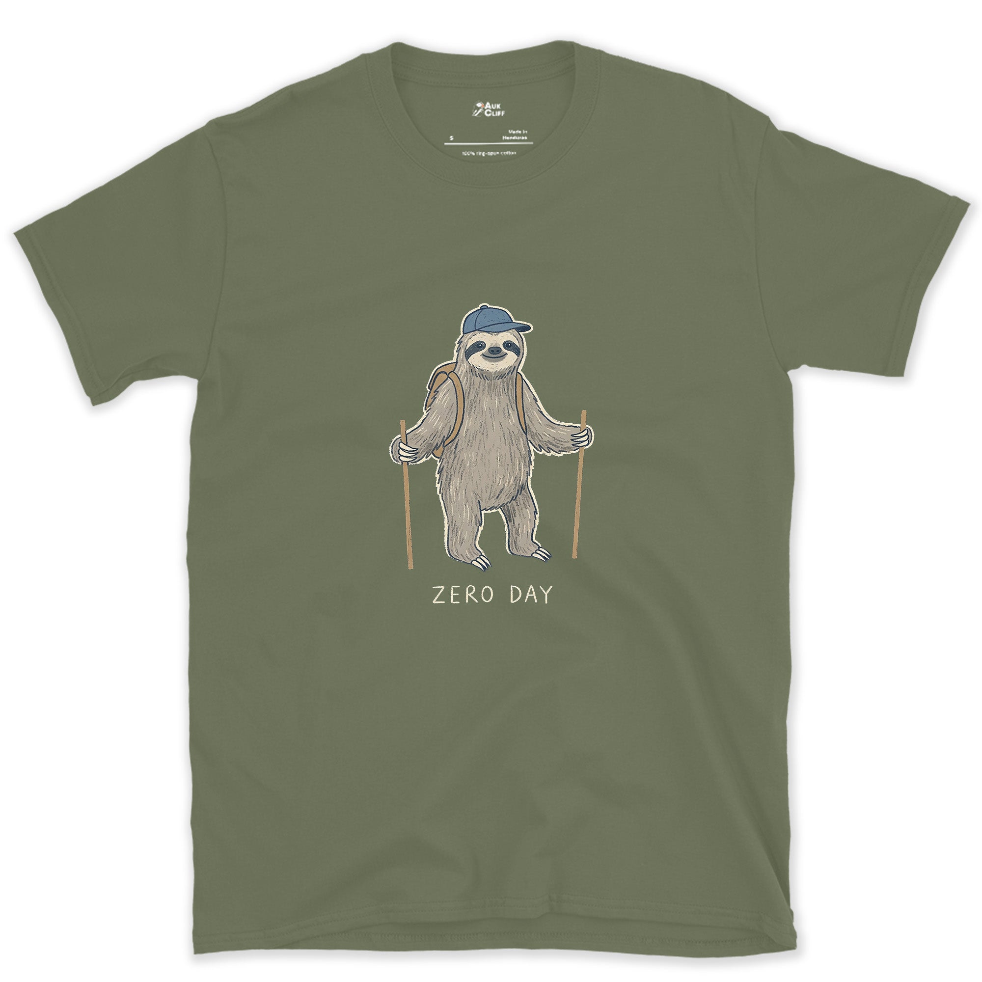 Zero Day, Sloth Hiker on the Trail design on a Military Green Gildan Softstyle t-shirt