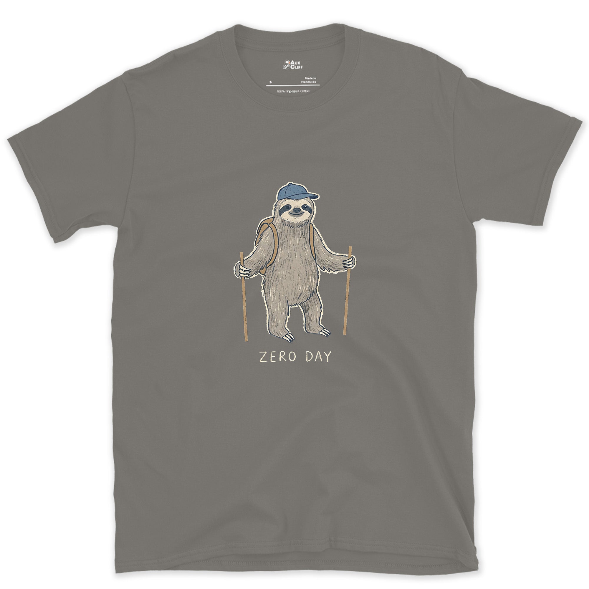 Zero Day, Sloth Hiker on the Trail design on a Charcoal Gildan Softstyle t-shirt