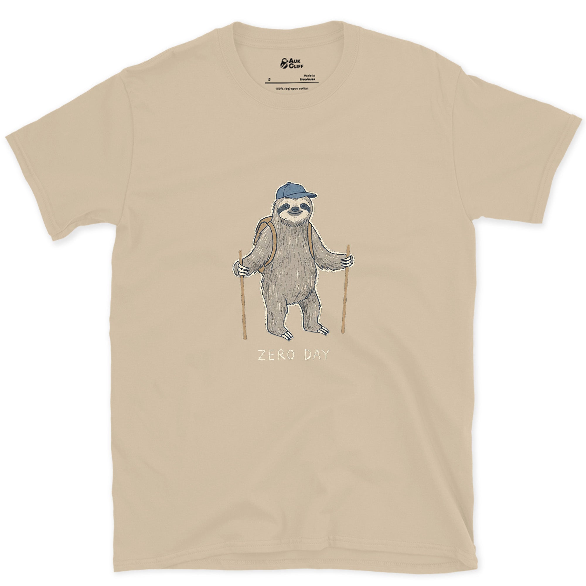 Zero Day, Sloth Hiker on the Trail design on a Sand Gildan Softstyle t-shirt