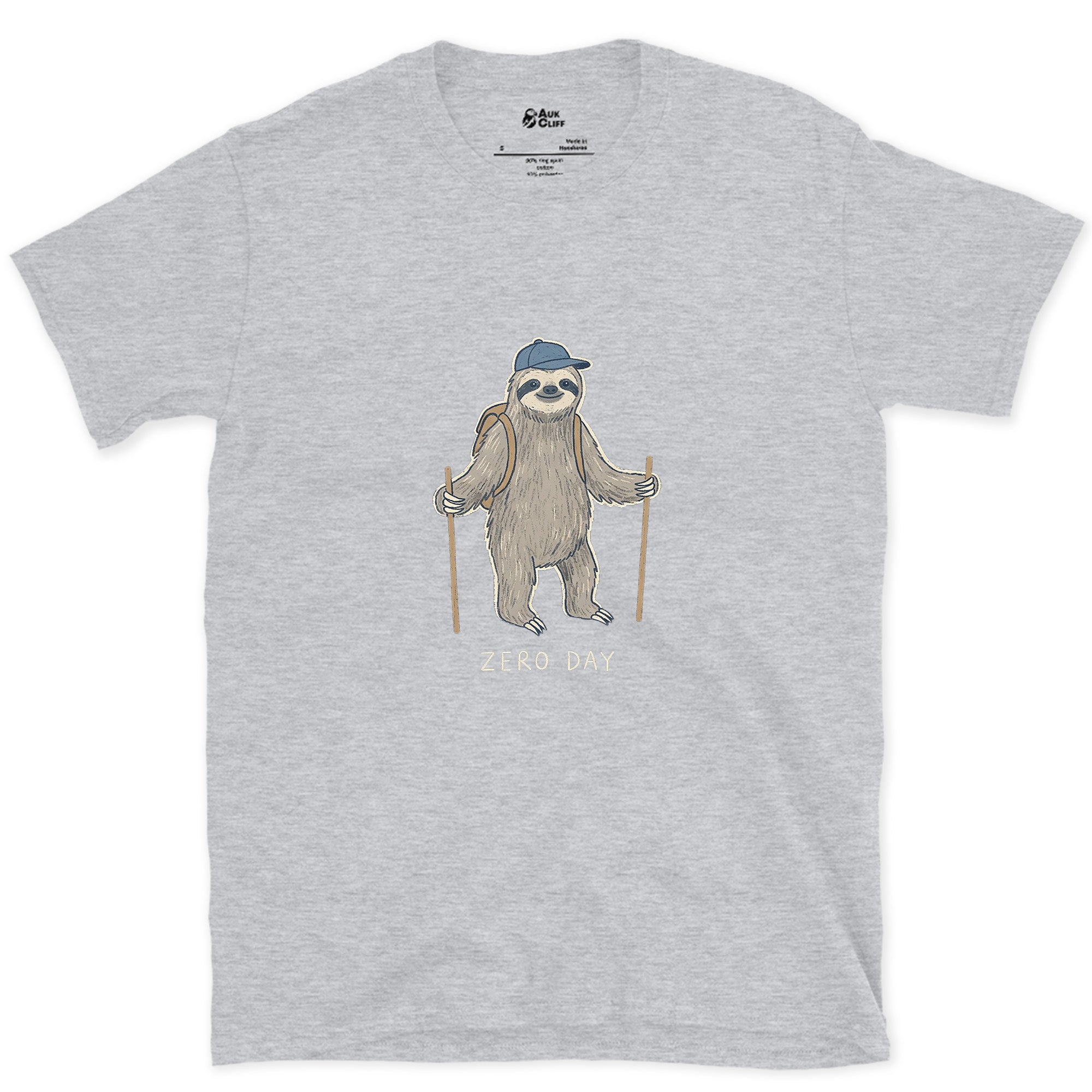 Zero Day, Sloth Hiker on the Trail design on a Sport Grey Gildan Softstyle t-shirt