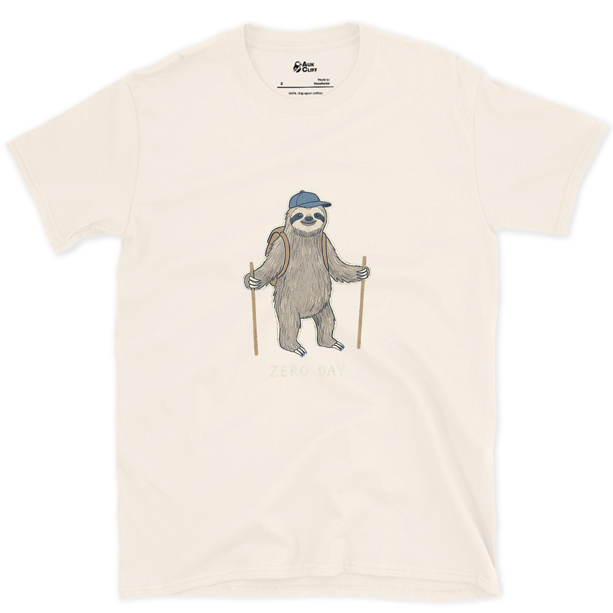Zero Day, Sloth Hiker on the Trail design on a Natural Gildan Softstyle t-shirt
