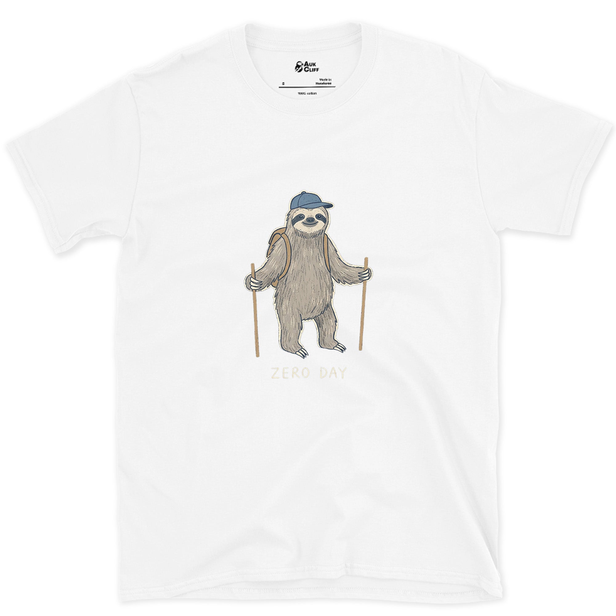 Zero Day, Sloth Hiker on the Trail design on a White Gildan Softstyle t-shirt
