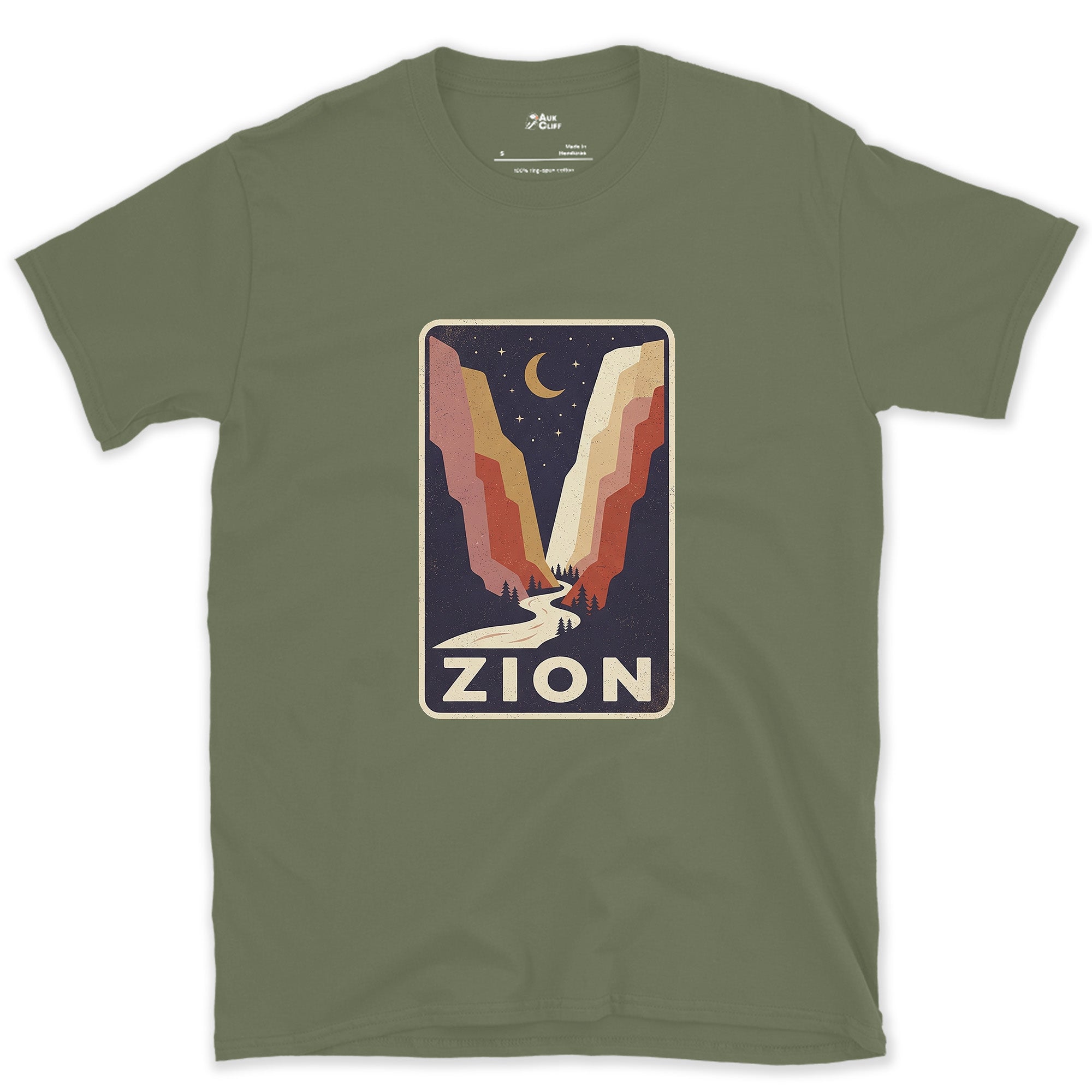 Zion National Park Patch design on a Military Green Gildan Softstyle t-shirt