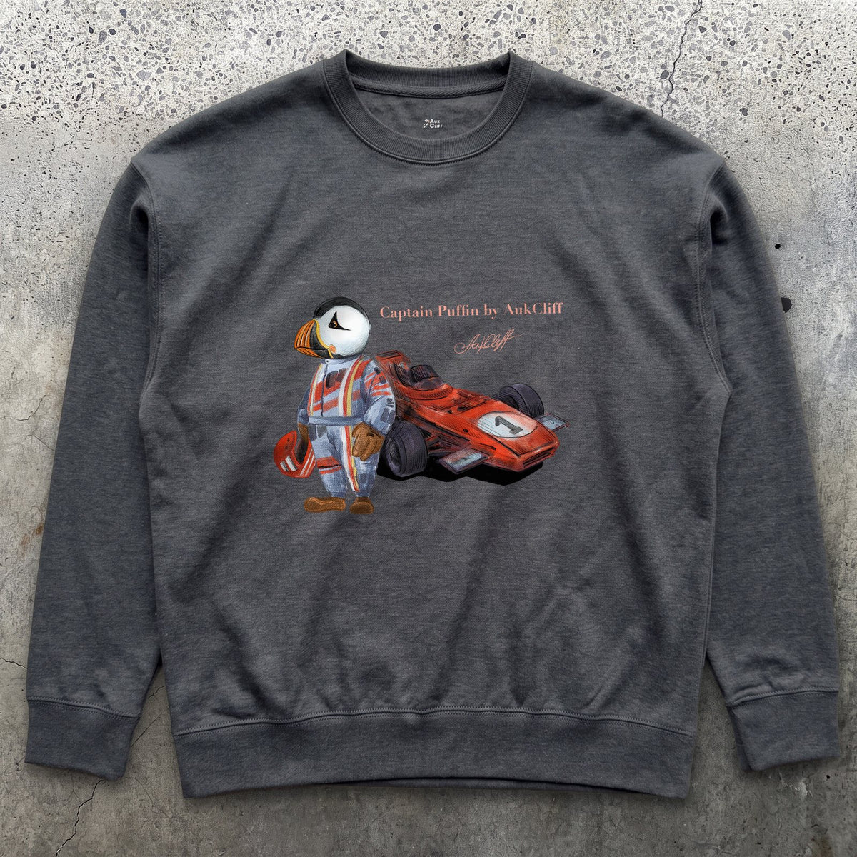 AukCliff Captain Puffin Sweatshirt Charcoal Heather / S Captain Puffin™ Formula Racer Sweatshirt