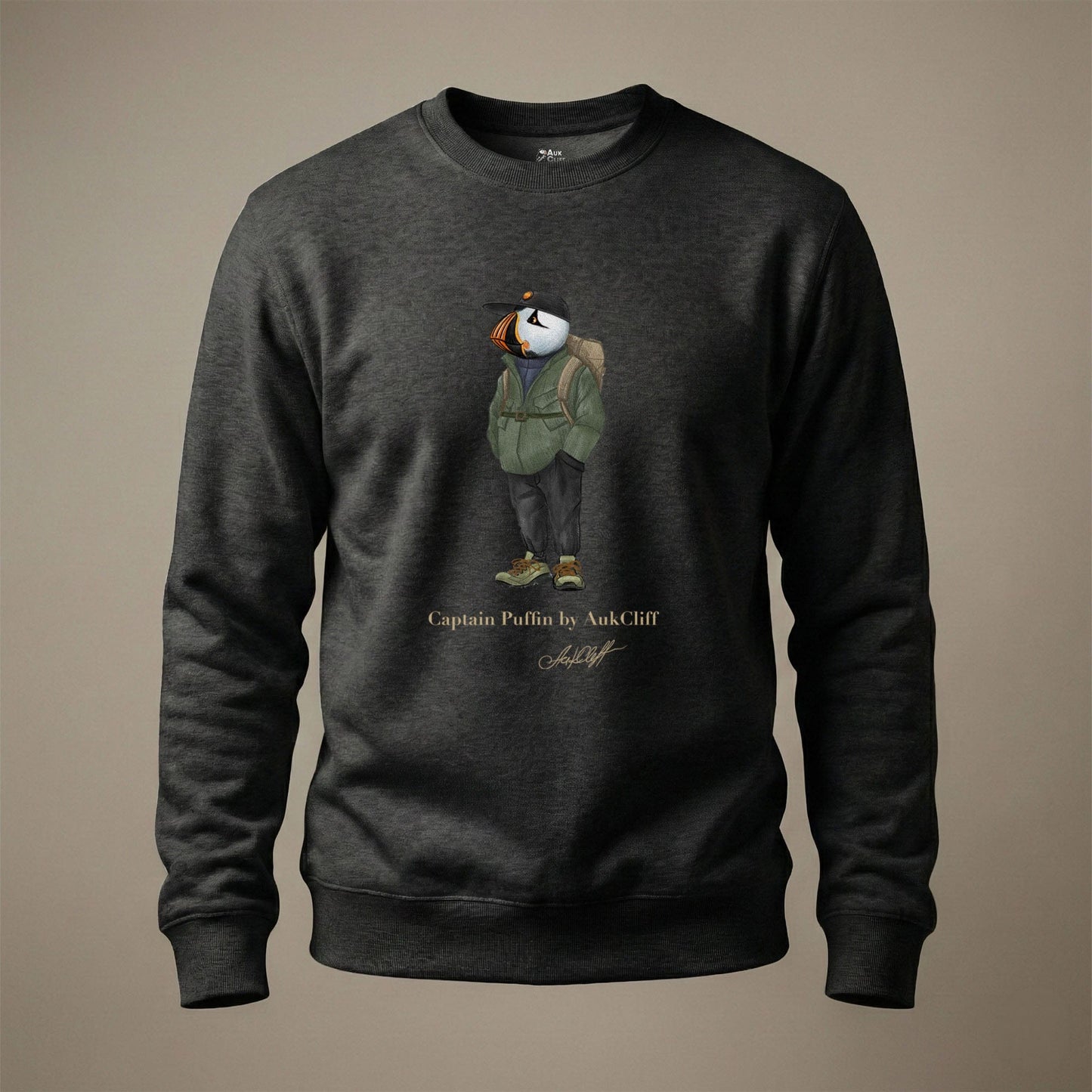 AukCliff® Captain Puffin Sweatshirt Charcoal Heather / S Captain Puffin “Japanese Trail Walker” Sweatshirt