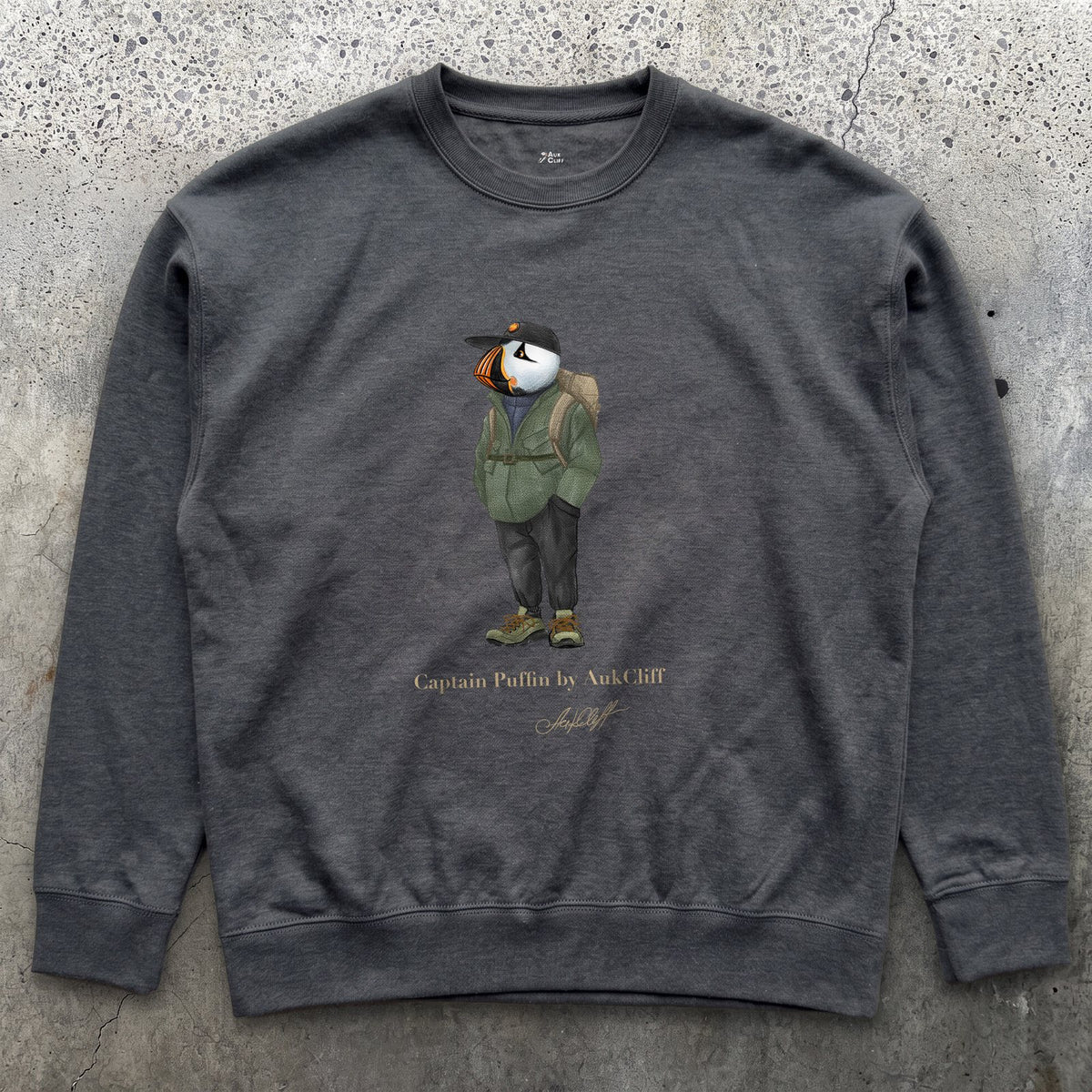 AukCliff® Captain Puffin Sweatshirt Charcoal Heather / S Captain Puffin “Japanese Trail Walker” Sweatshirt