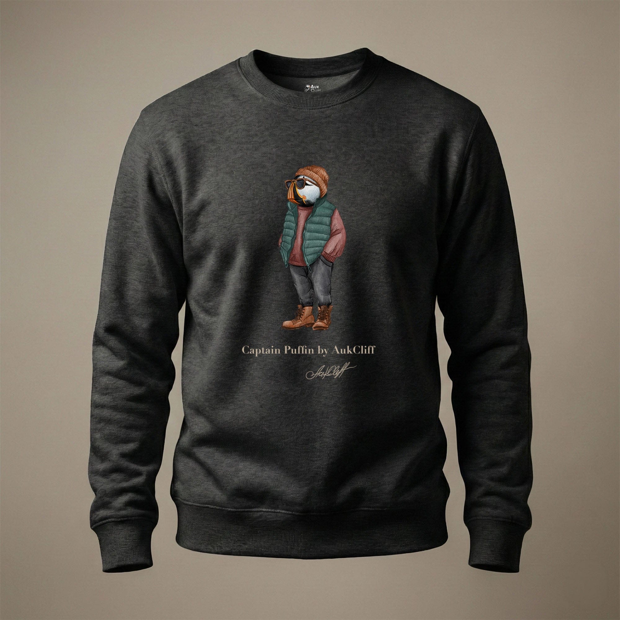 AukCliff® Captain Puffin Sweatshirt Charcoal Heather / S Captain Puffin™ “Puffer Vest Nomad” Sweatshirt