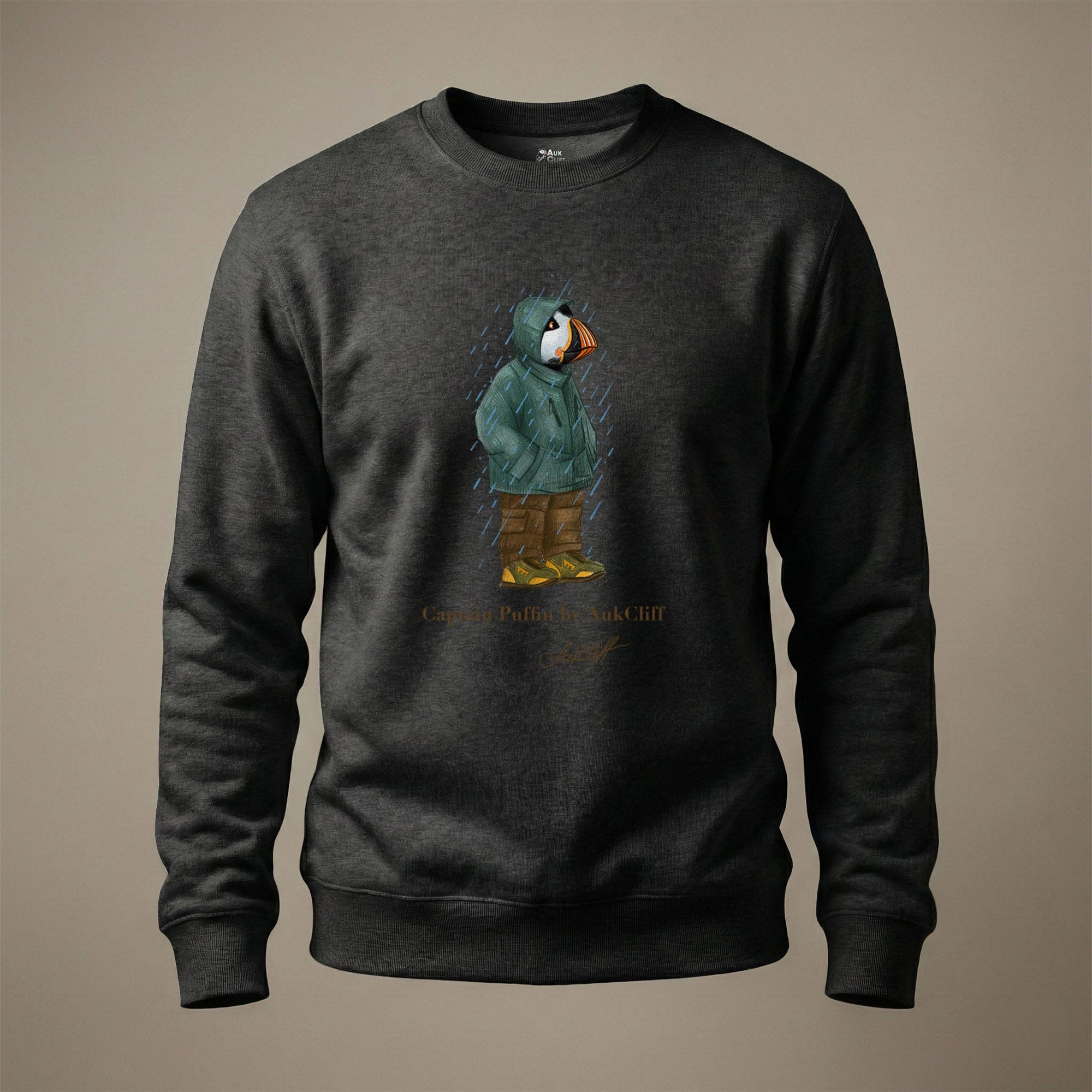 AukCliff Captain Puffin Sweatshirt Charcoal Heather / S Captain Puffin™ “Rainy Day Rambler” Sweatshirt