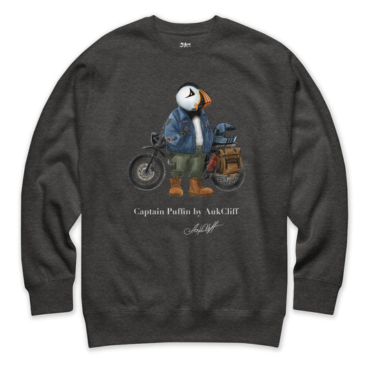 AukCliff Captain Puffin Sweatshirt Charcoal Heather / S Captain Puffin™ “The Adventure Motorcyclist” Sweatshirt