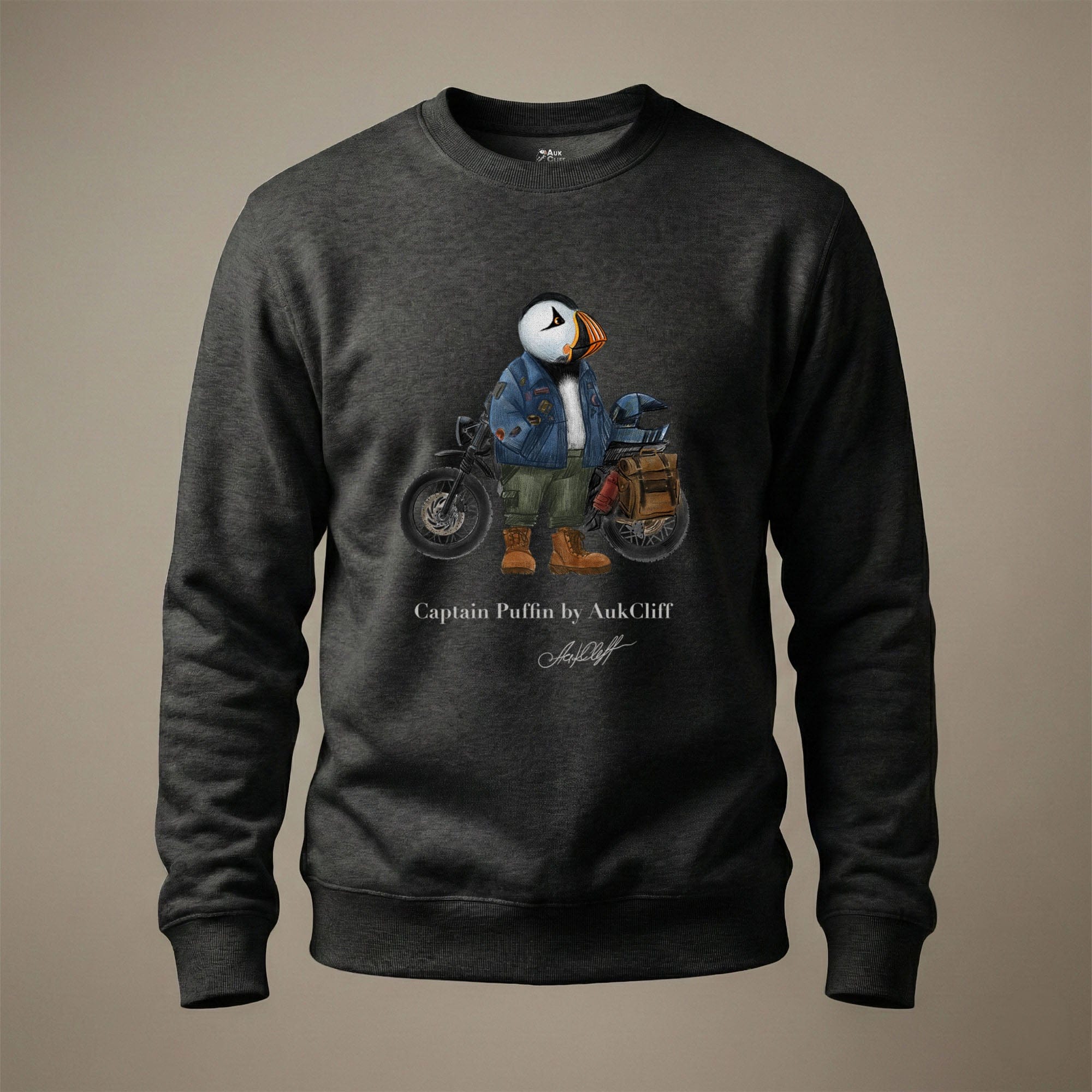 AukCliff Captain Puffin Sweatshirt Charcoal Heather / S Captain Puffin™ “The Adventure Motorcyclist” Sweatshirt