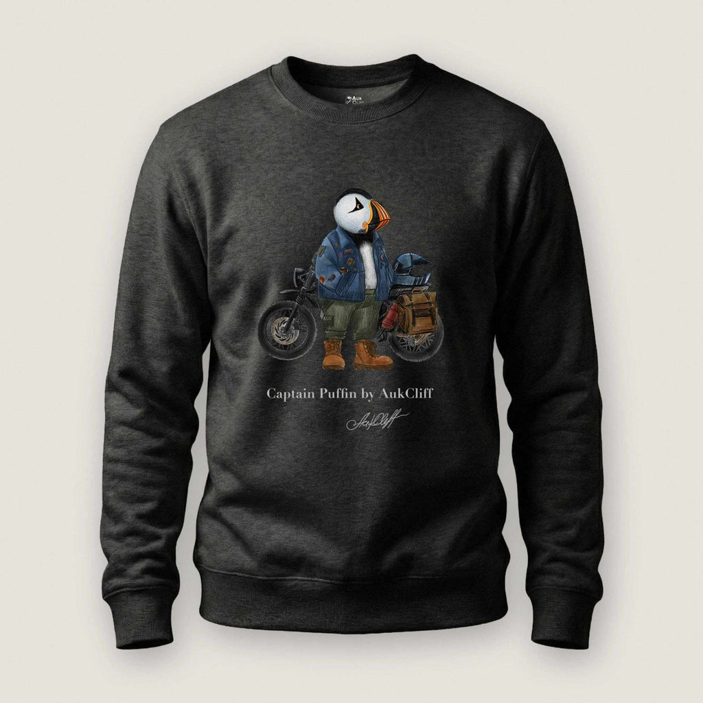 AukCliff Captain Puffin Sweatshirt Charcoal Heather / S Captain Puffin™ “The Adventure Motorcyclist” Sweatshirt