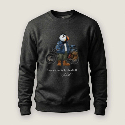 AukCliff Captain Puffin Sweatshirt Charcoal Heather / S Captain Puffin™ “The Adventure Motorcyclist” Sweatshirt