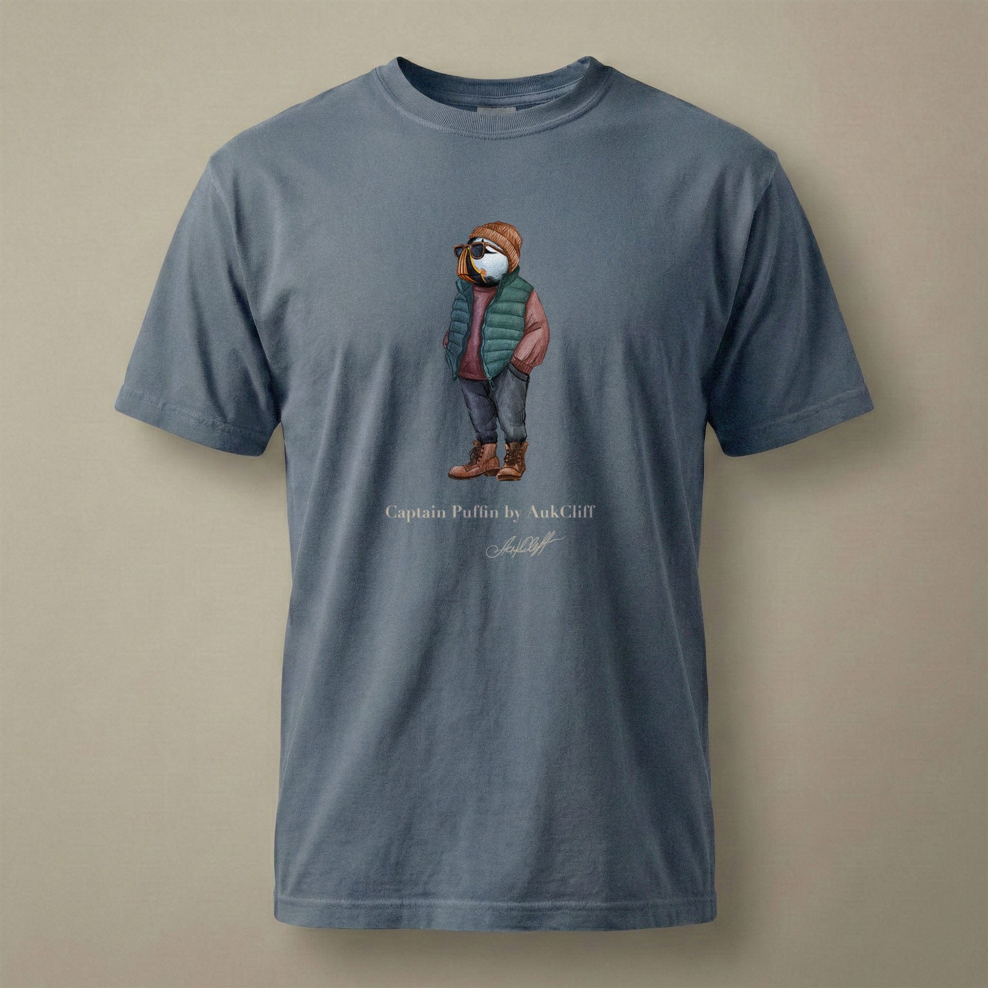 AukCliff® Captain Puffin T-shirt Blue Jean / S Captain Puffin™ “Puffer Vest Nomad” Comfort Colors T-Shirt