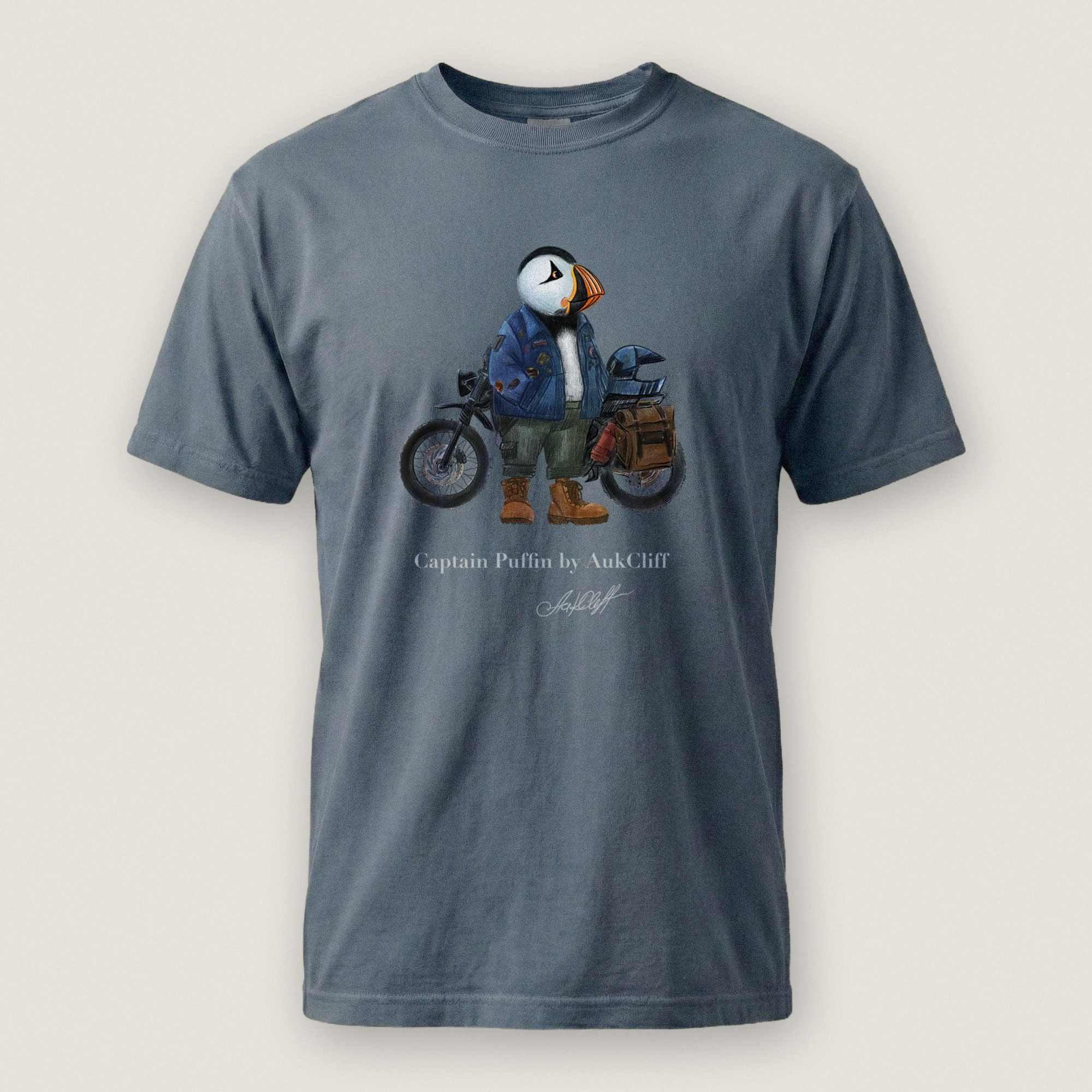 AukCliff Captain Puffin T-shirt Blue Jean / S Captain Puffin™ “The Adventure Motorcyclist” Comfort Colors T-Shirt
