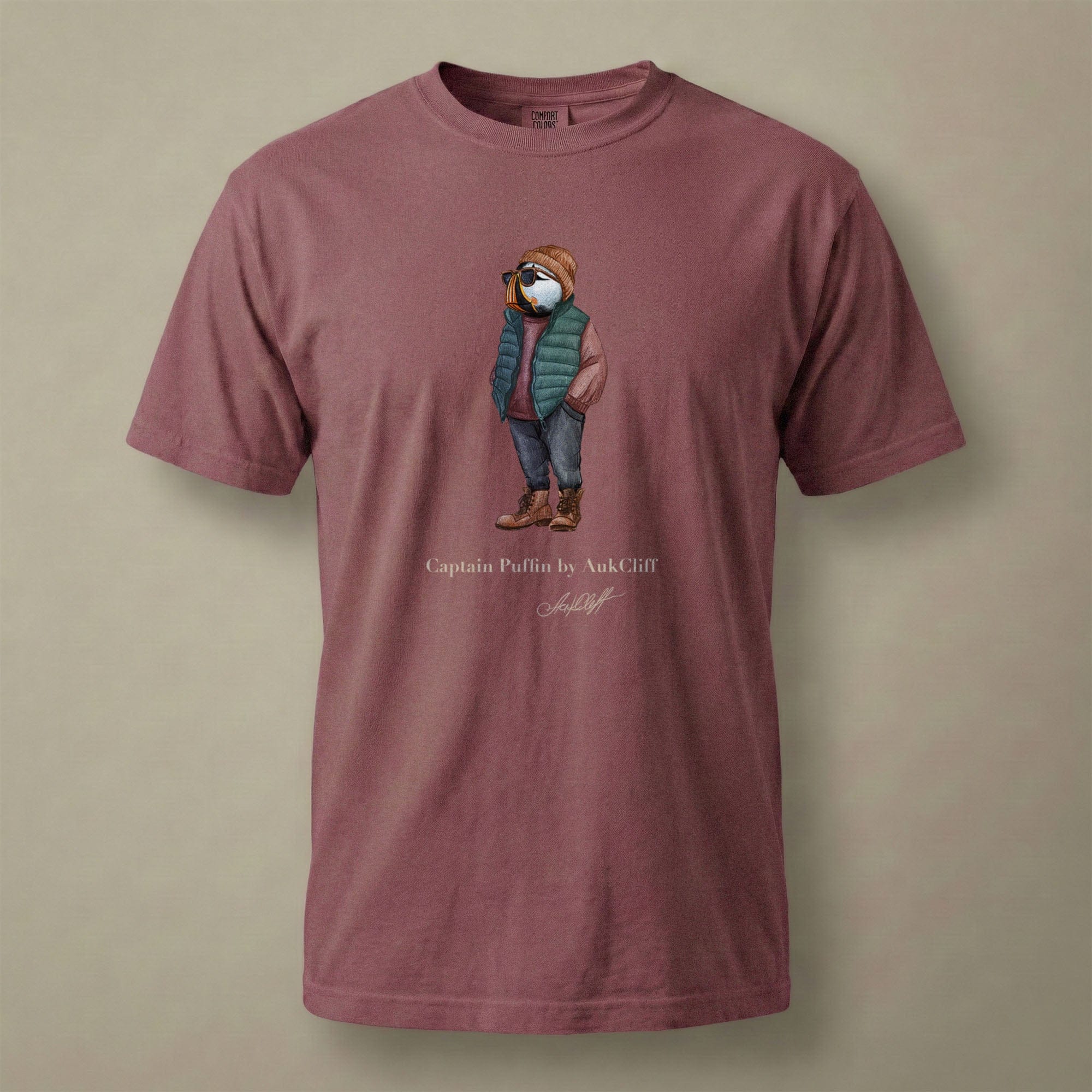 AukCliff® Captain Puffin T-shirt Brick / S Captain Puffin™ “Puffer Vest Nomad” Comfort Colors T-Shirt
