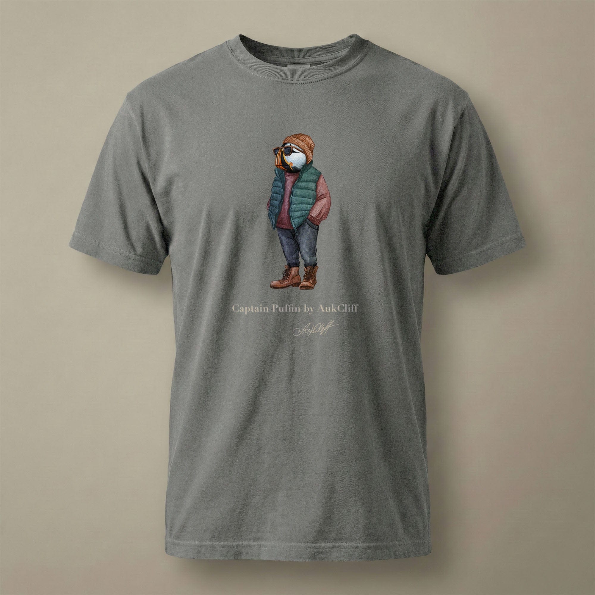 AukCliff® Captain Puffin T-shirt Grey / S Captain Puffin™ “Puffer Vest Nomad” Comfort Colors T-Shirt
