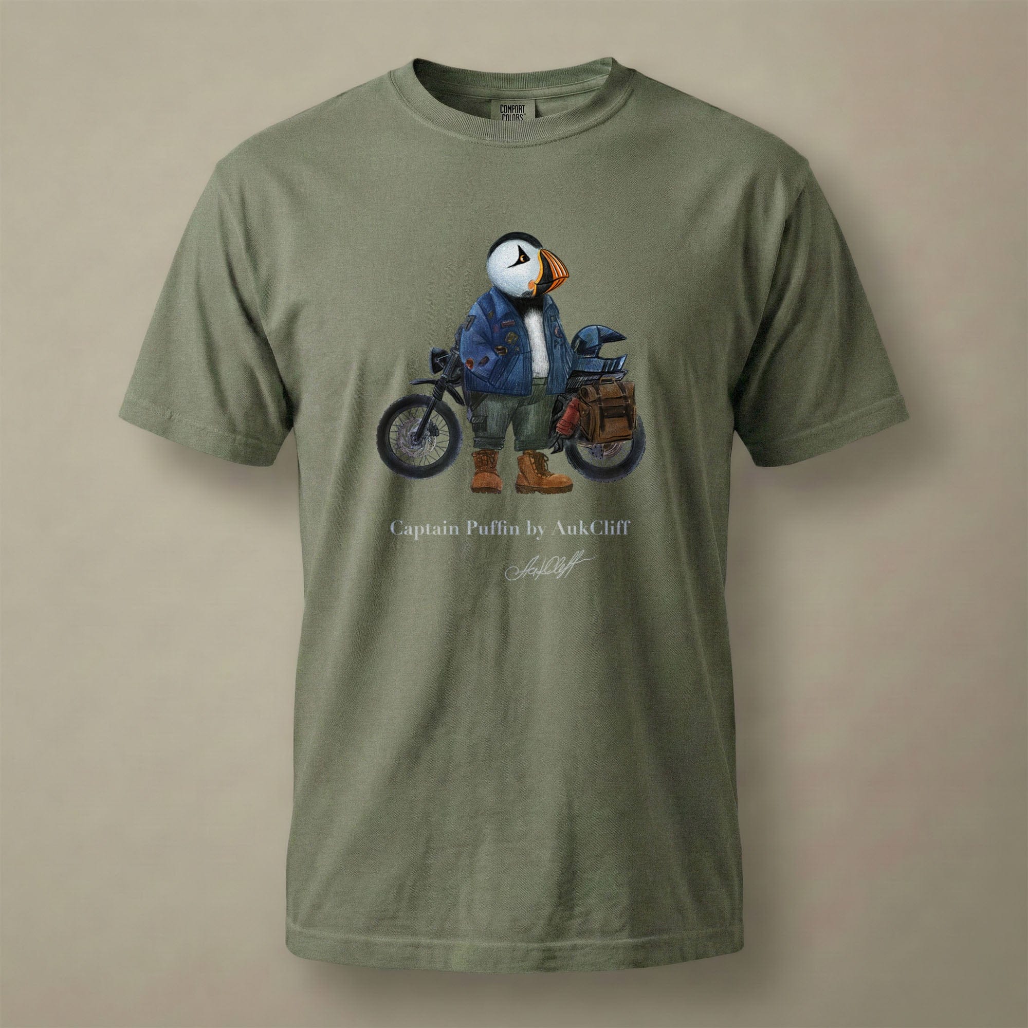 AukCliff Captain Puffin T-shirt Moss / S Captain Puffin™ “The Adventure Motorcyclist” Comfort Colors T-Shirt