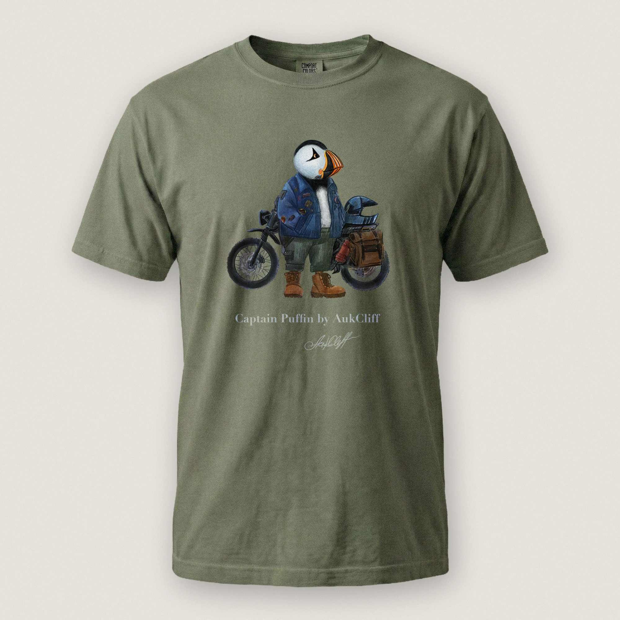 AukCliff Captain Puffin T-shirt Moss / S Captain Puffin™ “The Adventure Motorcyclist” Comfort Colors T-Shirt