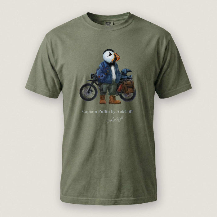 AukCliff Captain Puffin T-shirt Moss / S Captain Puffin™ “The Adventure Motorcyclist” Comfort Colors T-Shirt