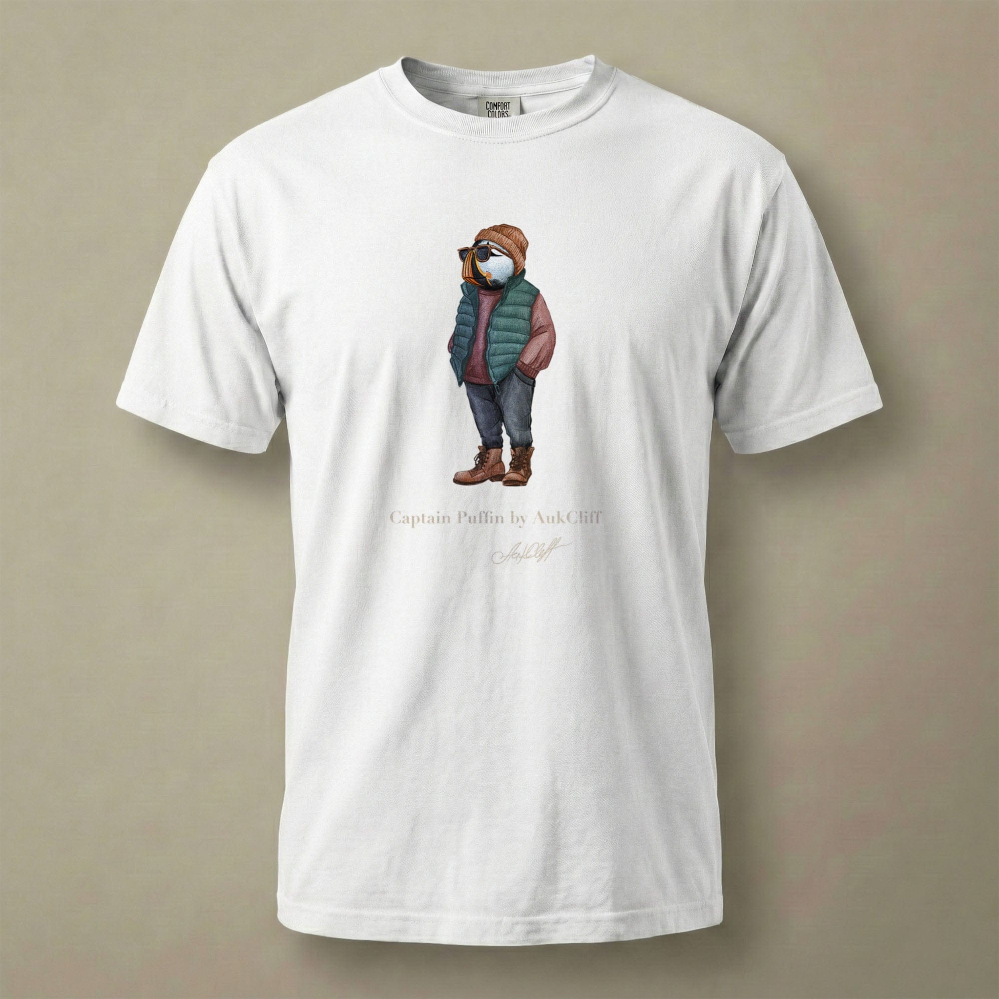 AukCliff® Captain Puffin T-shirt White / S Captain Puffin™ “Puffer Vest Nomad” Comfort Colors T-Shirt