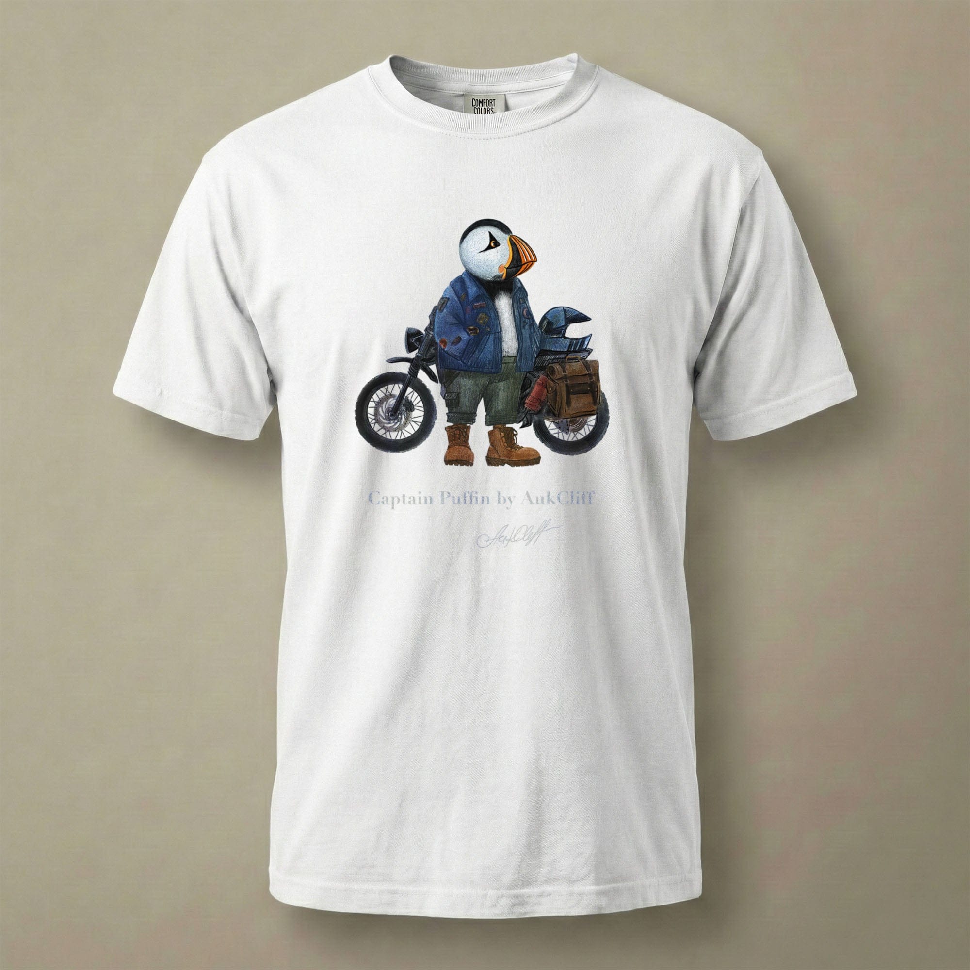 AukCliff Captain Puffin T-shirt White / S Captain Puffin™ “The Adventure Motorcyclist” Comfort Colors T-Shirt