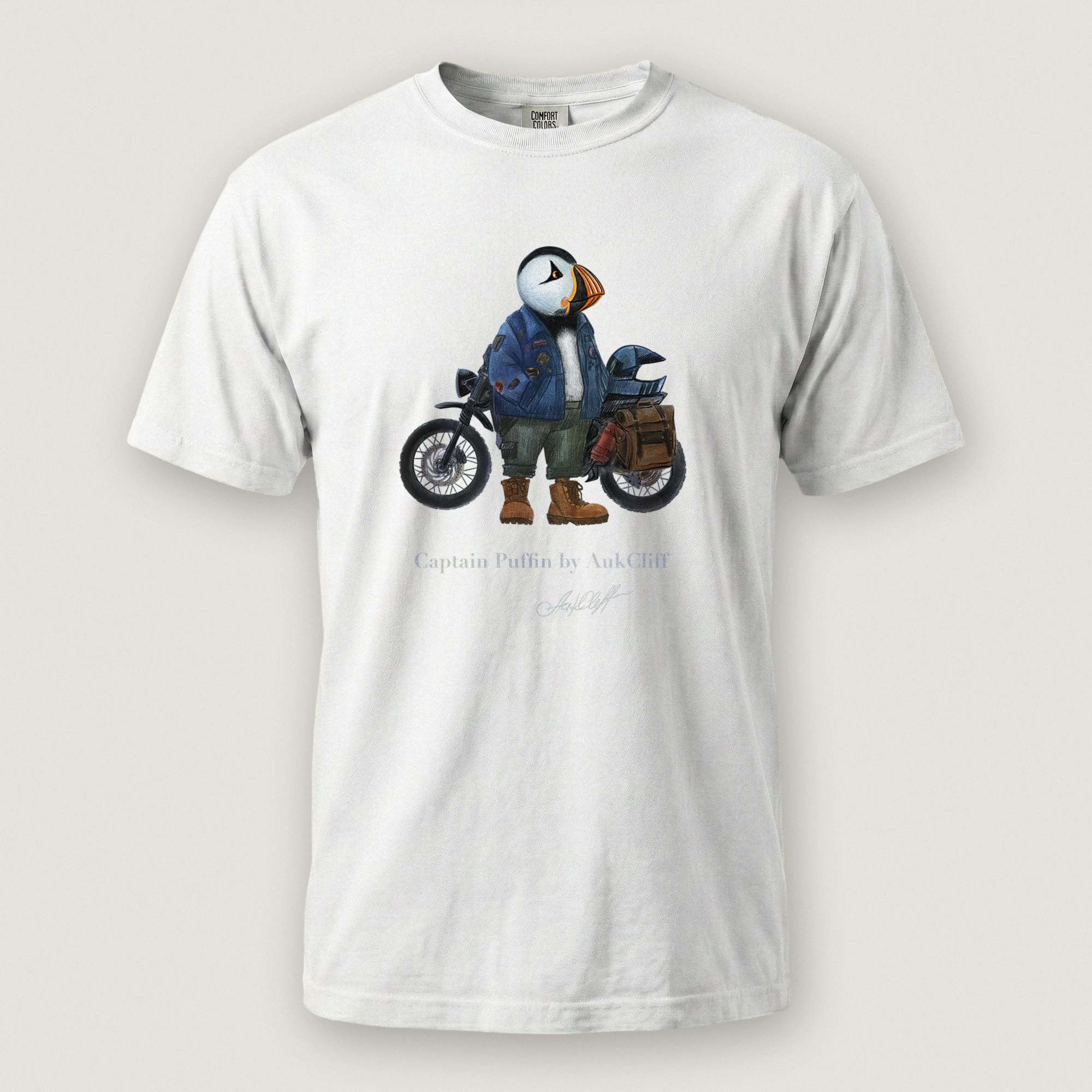 AukCliff Captain Puffin T-shirt White / S Captain Puffin™ “The Adventure Motorcyclist” Comfort Colors T-Shirt