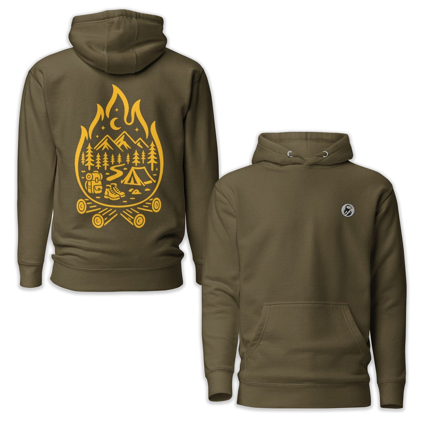 AukCliff Cotton Heritage Hoodie Military Green / S Campfire Spirit Adventure Camp Scene Hoodie