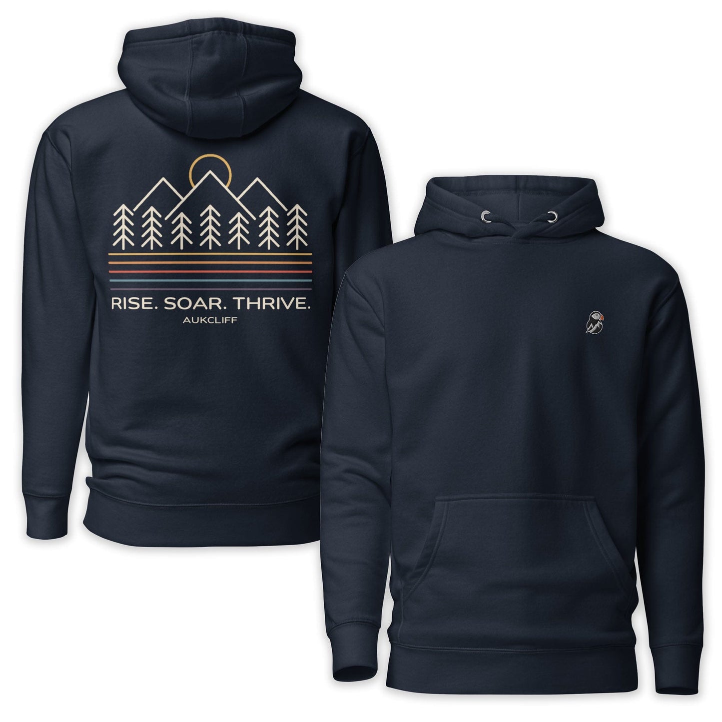 AukCliff Cotton Heritage Hoodie Navy Blazer / S Rise. Soar. Thrive. Minimalist Forest Line Art Hoodie