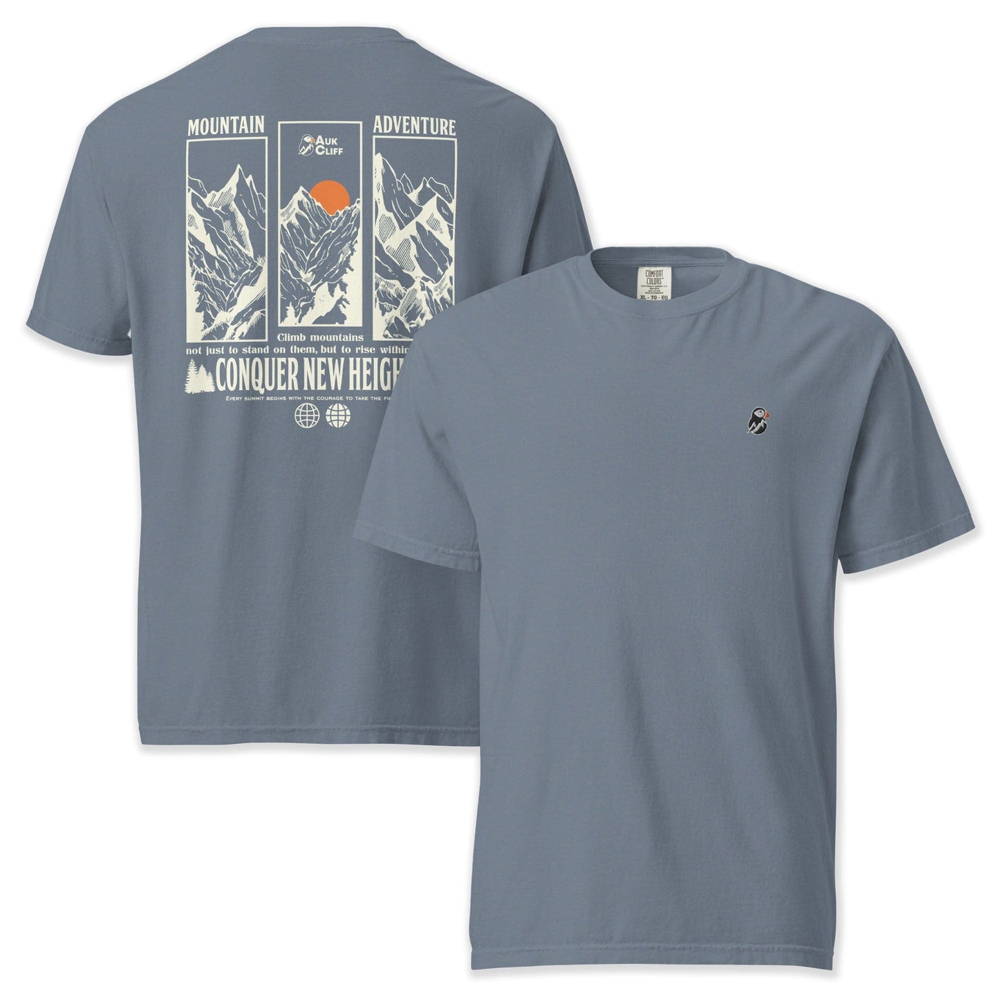 AukCliff Rear Print Comfort Colors T-shirt Blue Jean / S Conquer New Heights Mountain Comfort Colors T-Shirt