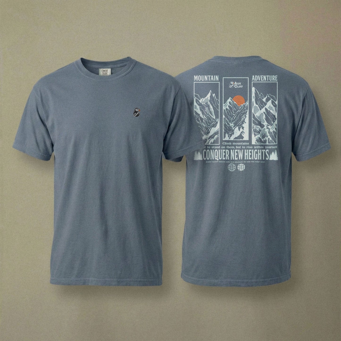 AukCliff Rear Print Comfort Colors T-shirt Blue Jean / S Conquer New Heights Mountain Comfort Colors T-Shirt