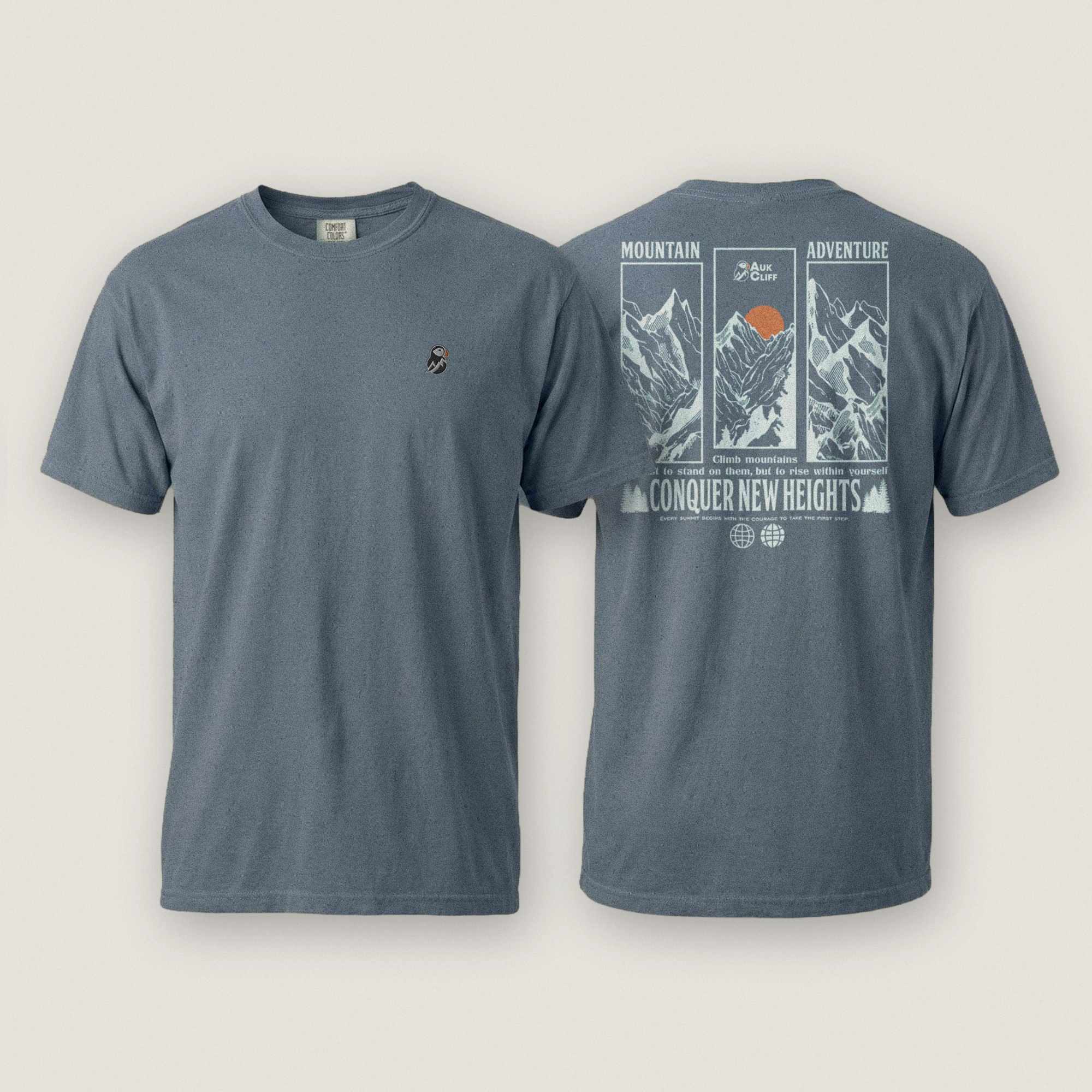 AukCliff Rear Print Comfort Colors T-shirt Blue Jean / S Conquer New Heights Mountain Comfort Colors T-Shirt
