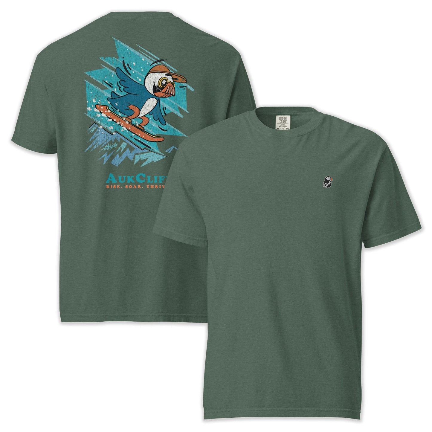 AukCliff Rear Print Comfort Colors T-shirt Blue Spruce / S Retro Snowboarder Puffin Comfort Colors Back Print T-Shirt