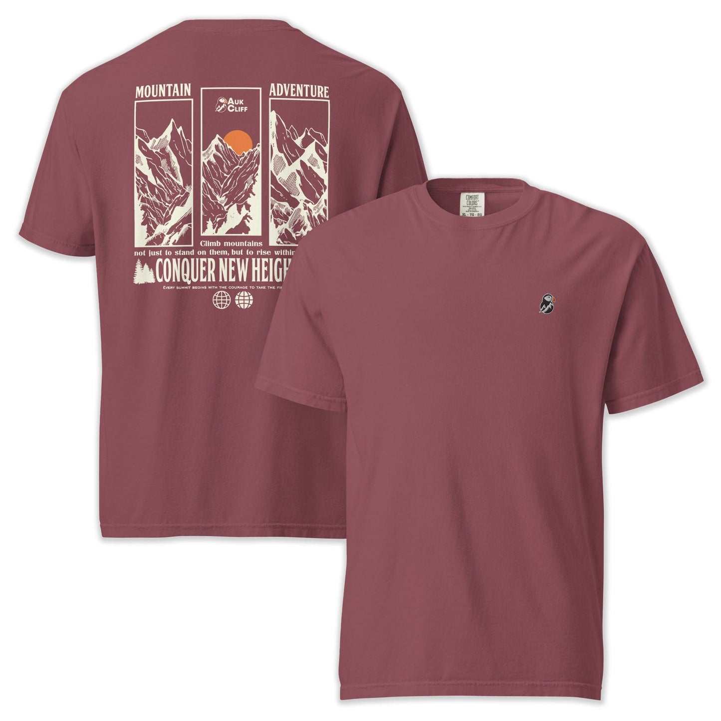 AukCliff Rear Print Comfort Colors T-shirt Brick / S Conquer New Heights Mountain Comfort Colors T-Shirt