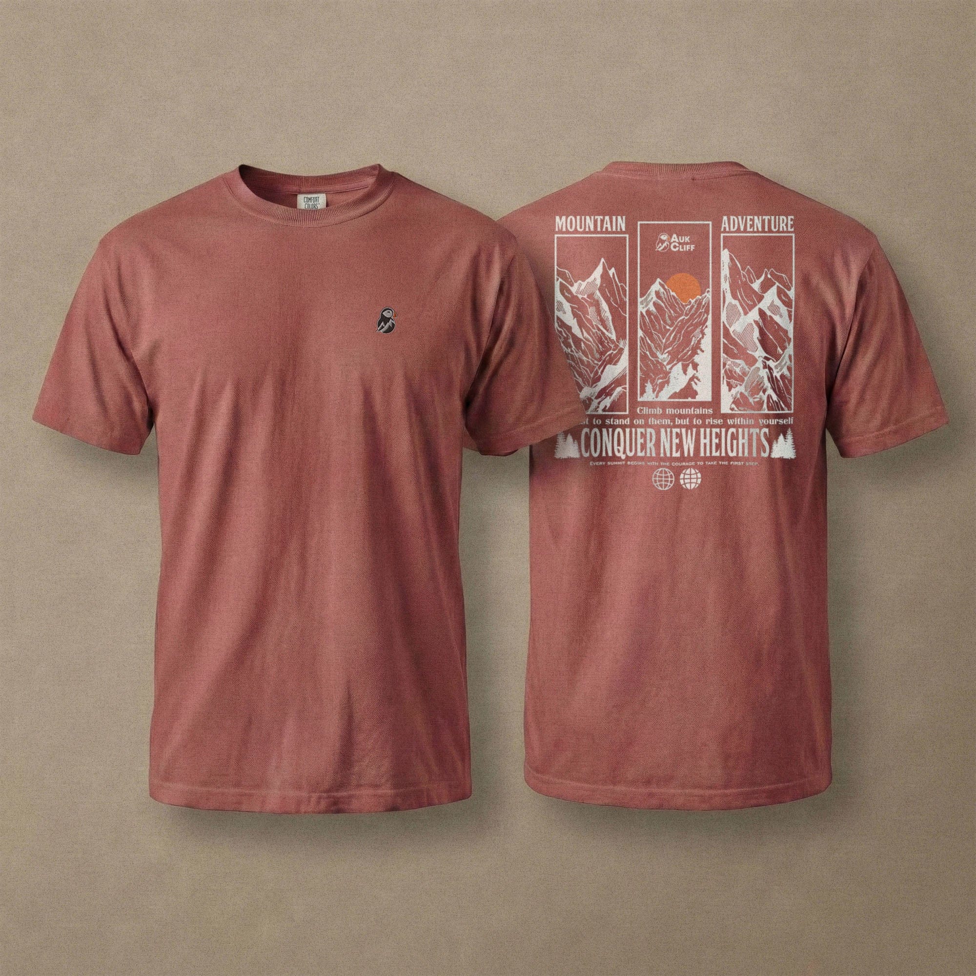 AukCliff Rear Print Comfort Colors T-shirt Brick / S Conquer New Heights Mountain Comfort Colors T-Shirt